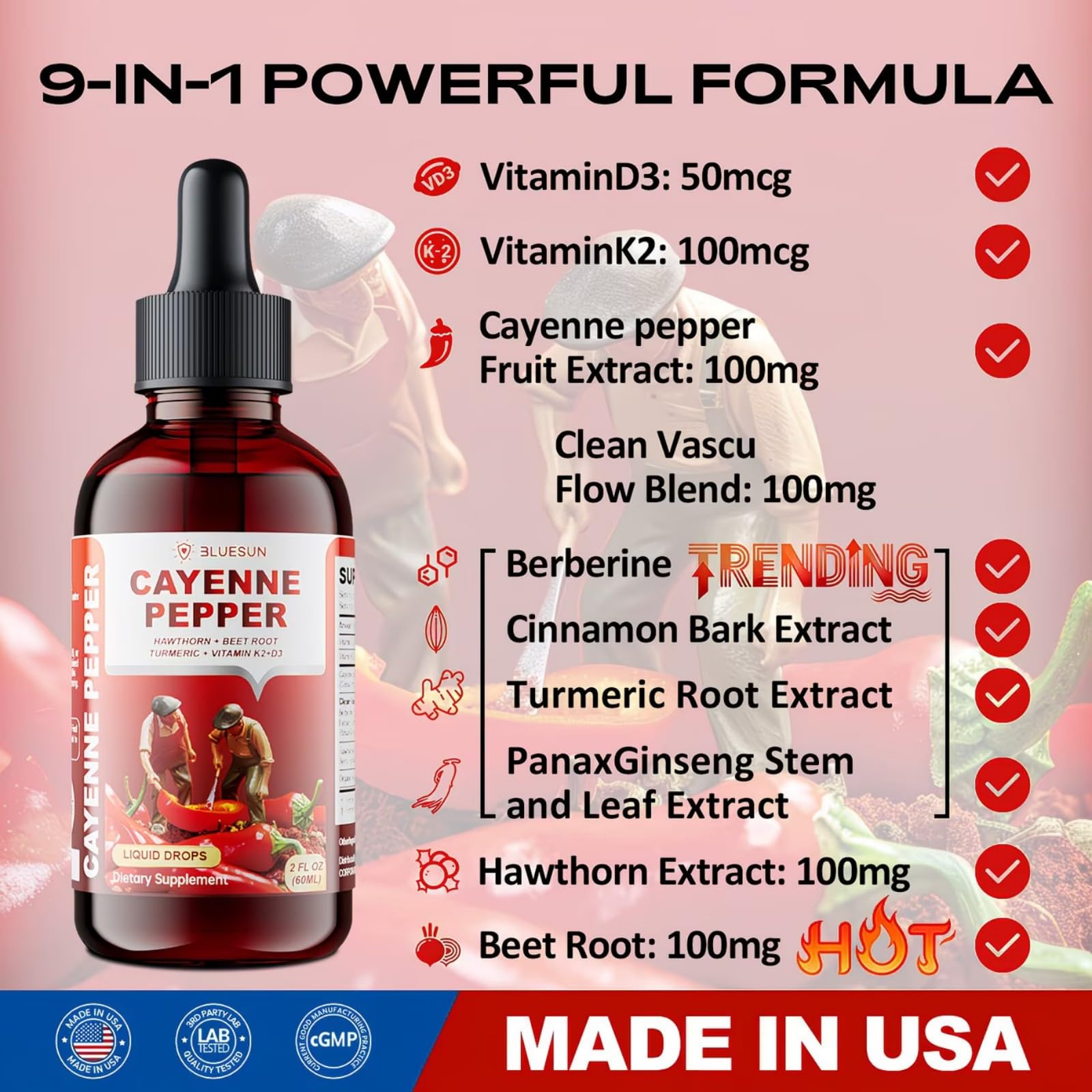 Bluesun Cayenne Pepper Liquid Drops 100g with measuring dropper