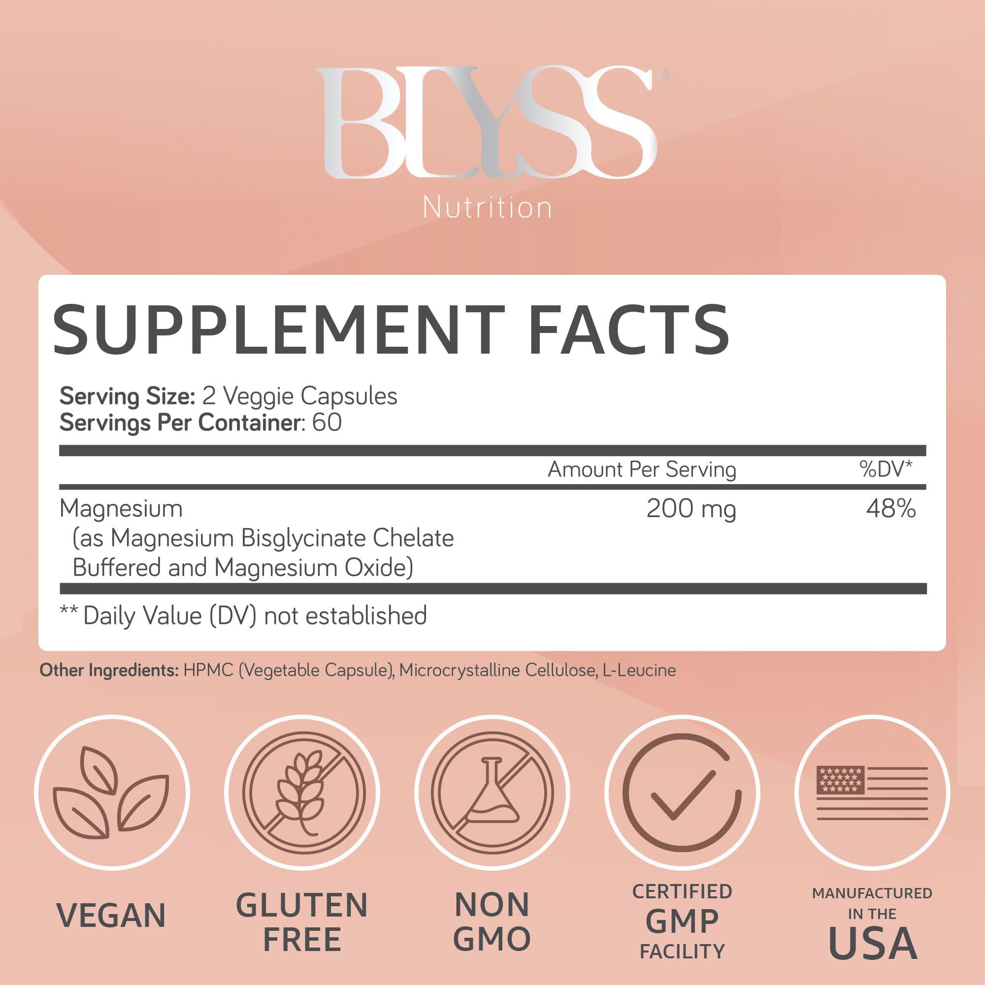 BLYSS Nutrition UNWIND Magnesium Glycinate 200mg capsules bottle side view