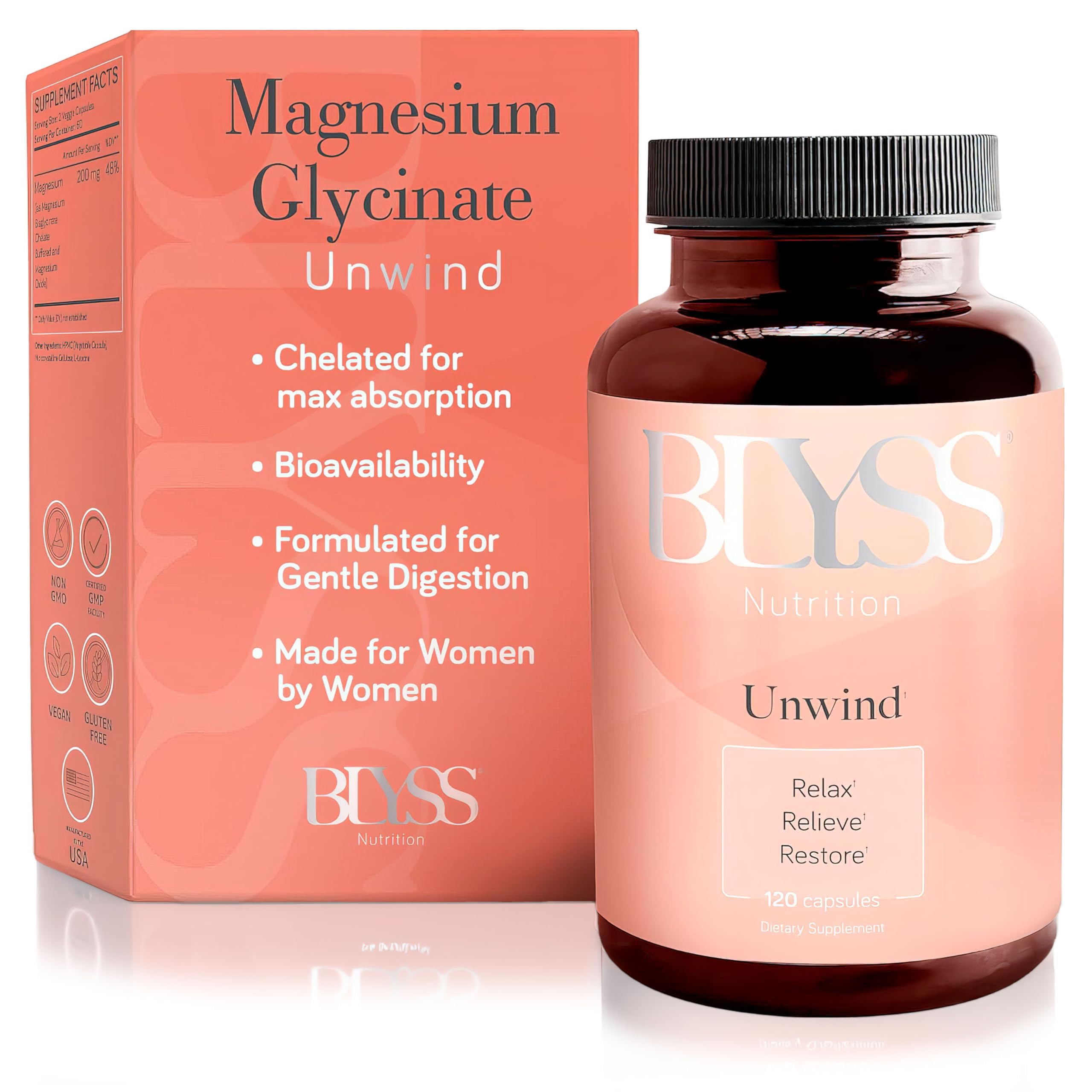BLYSS Nutrition UNWIND Magnesium Glycinate 200mg capsules front view