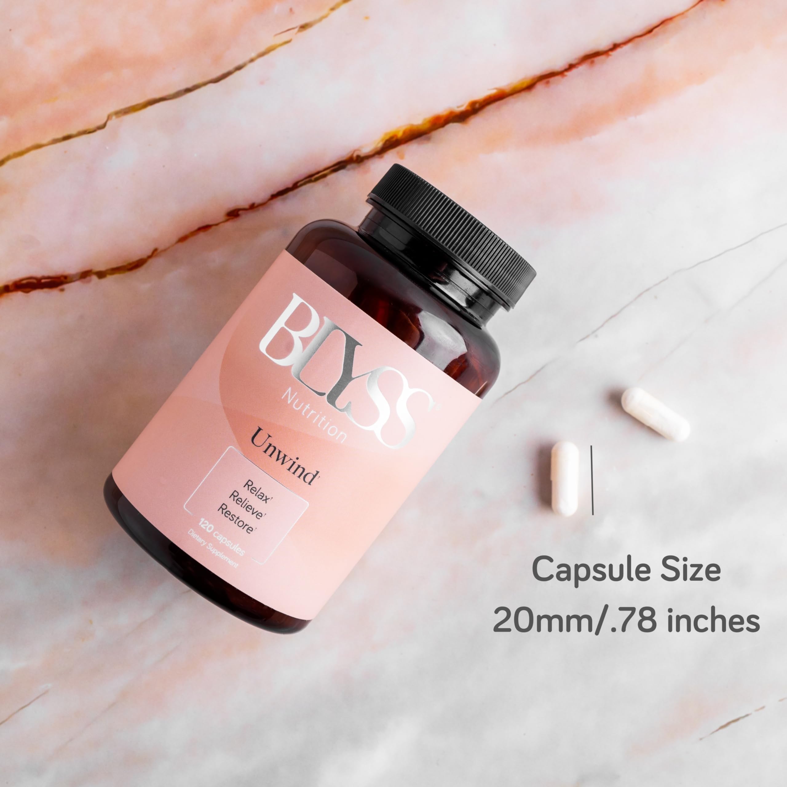 BLYSS Nutrition UNWIND Magnesium Glycinate 200mg capsules on a wooden surface