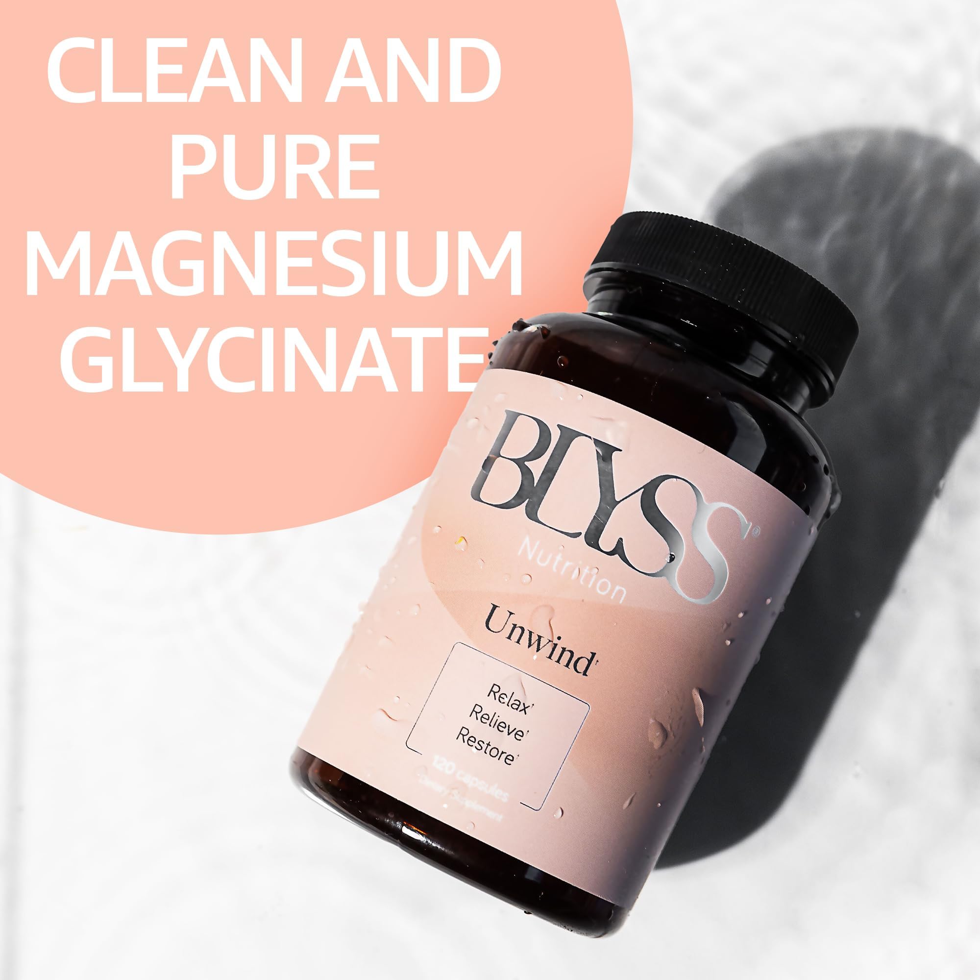 BLYSS Nutrition UNWIND Magnesium Glycinate 200mg capsules with a glass of water