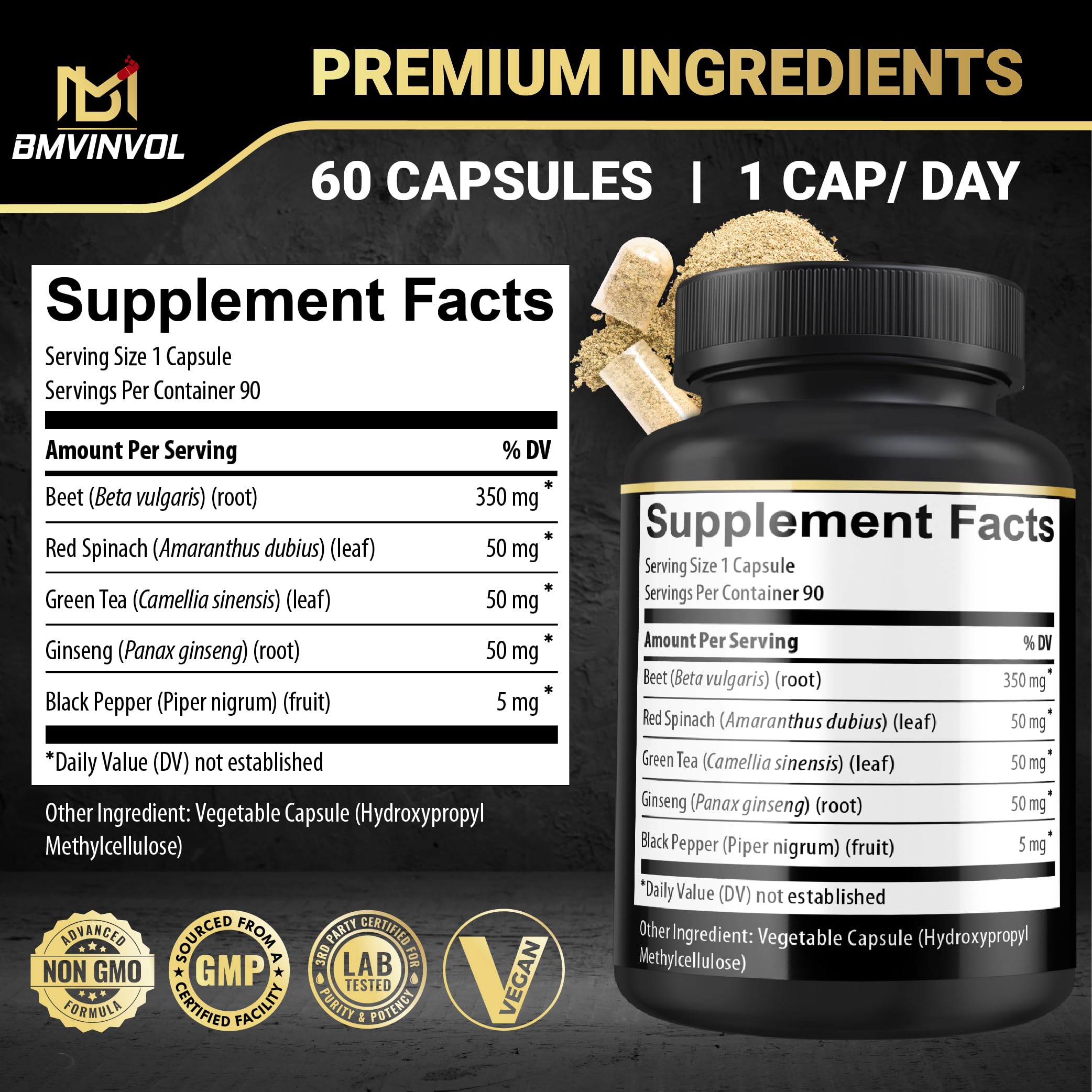 BMVINVOL Beetroot Complex Capsules showing the 90 count