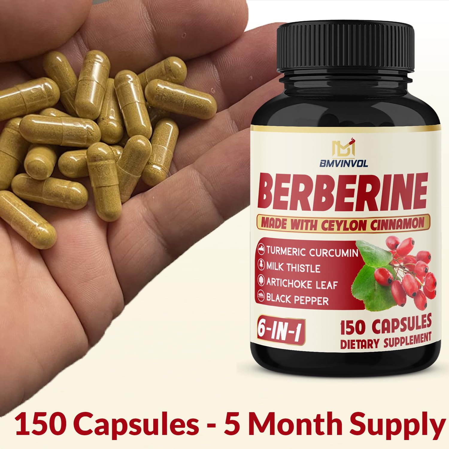 BMVINVOL Berberine Capsules back view with ingredient list