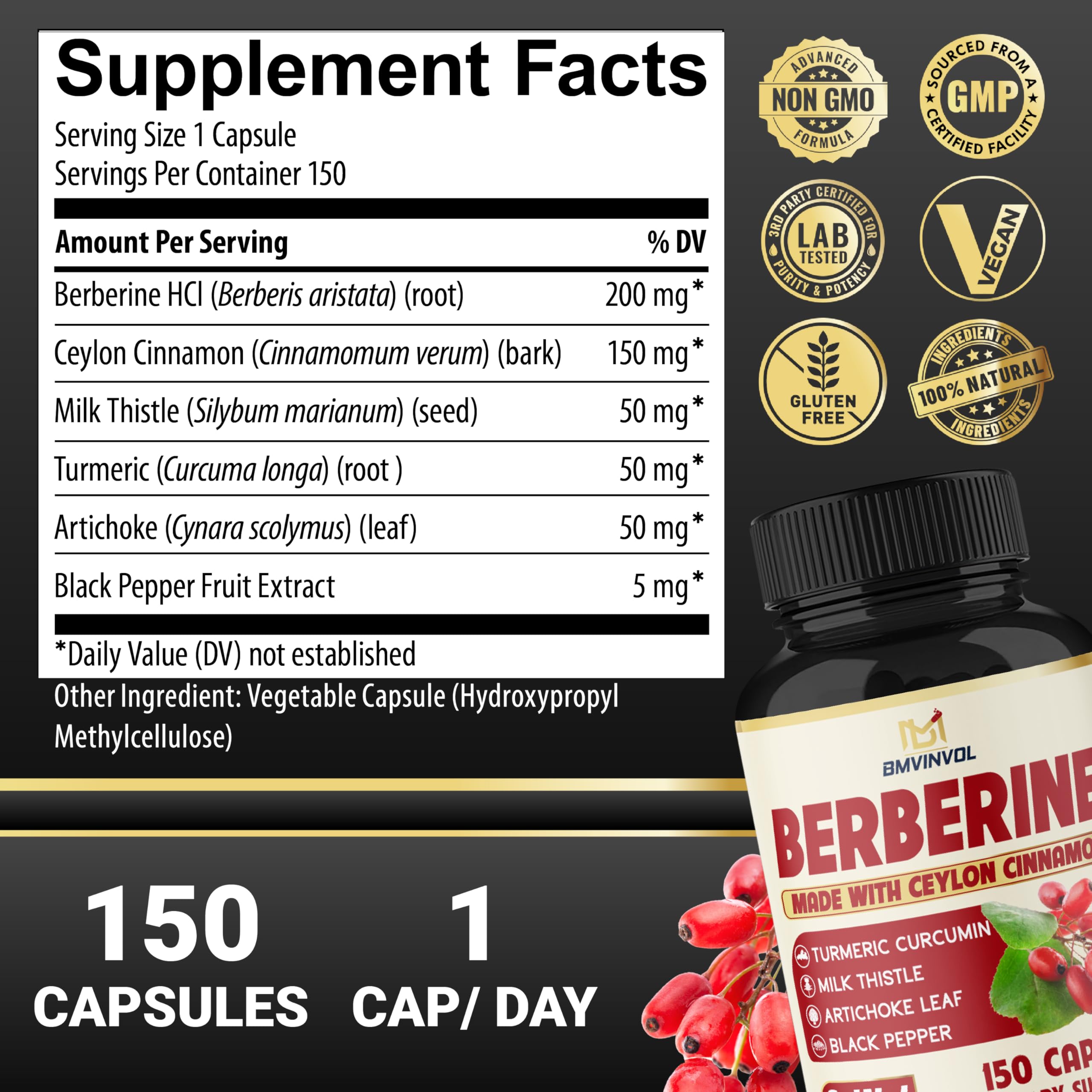 BMVINVOL Berberine Capsules side view showing capsule size