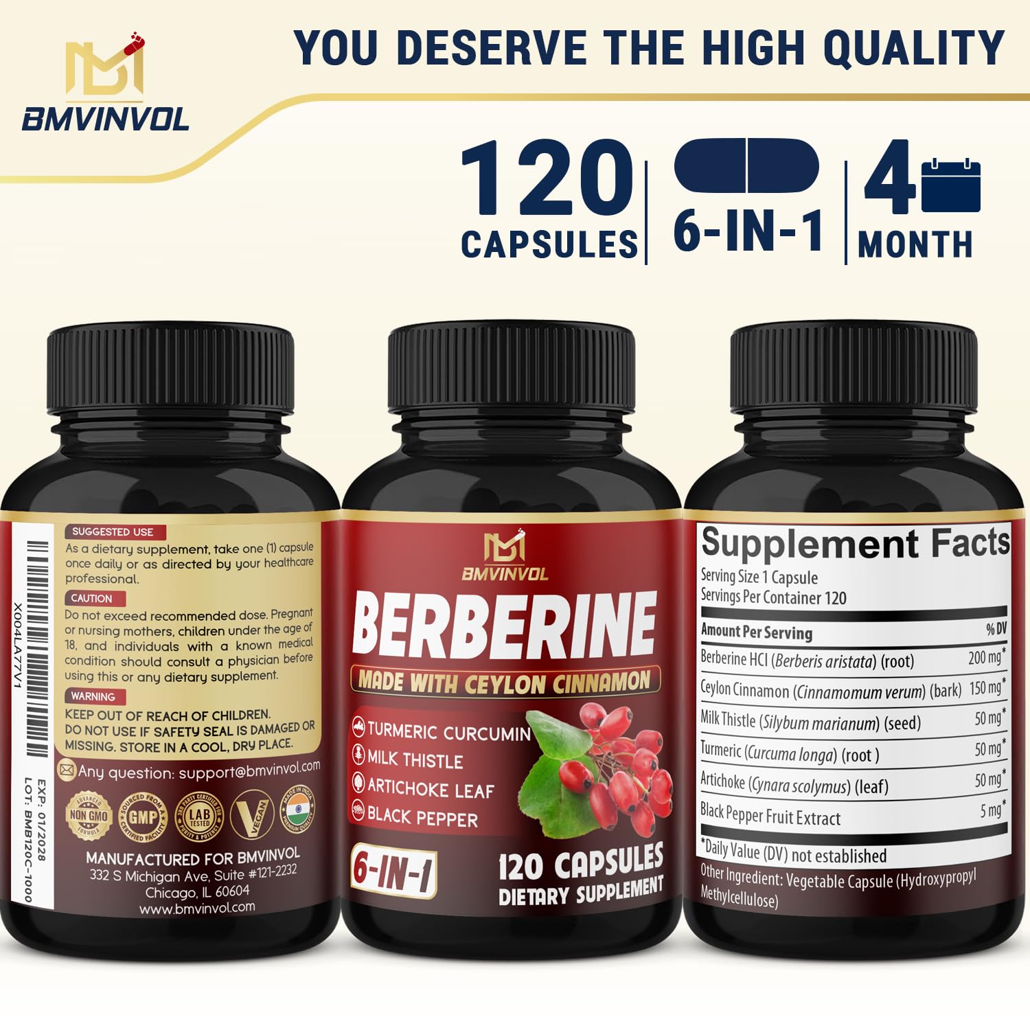 BMVINVOL Berberine Complex displayed with herbal elements