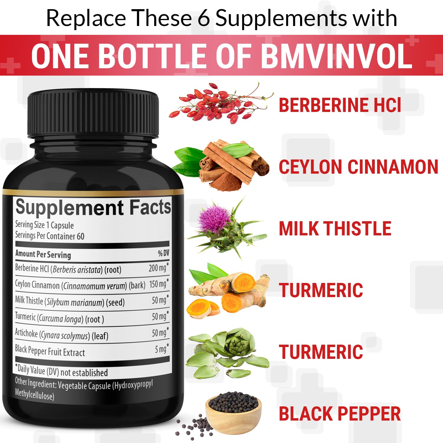 BMVINVOL Berberine Herbal Supplement capsule close-up