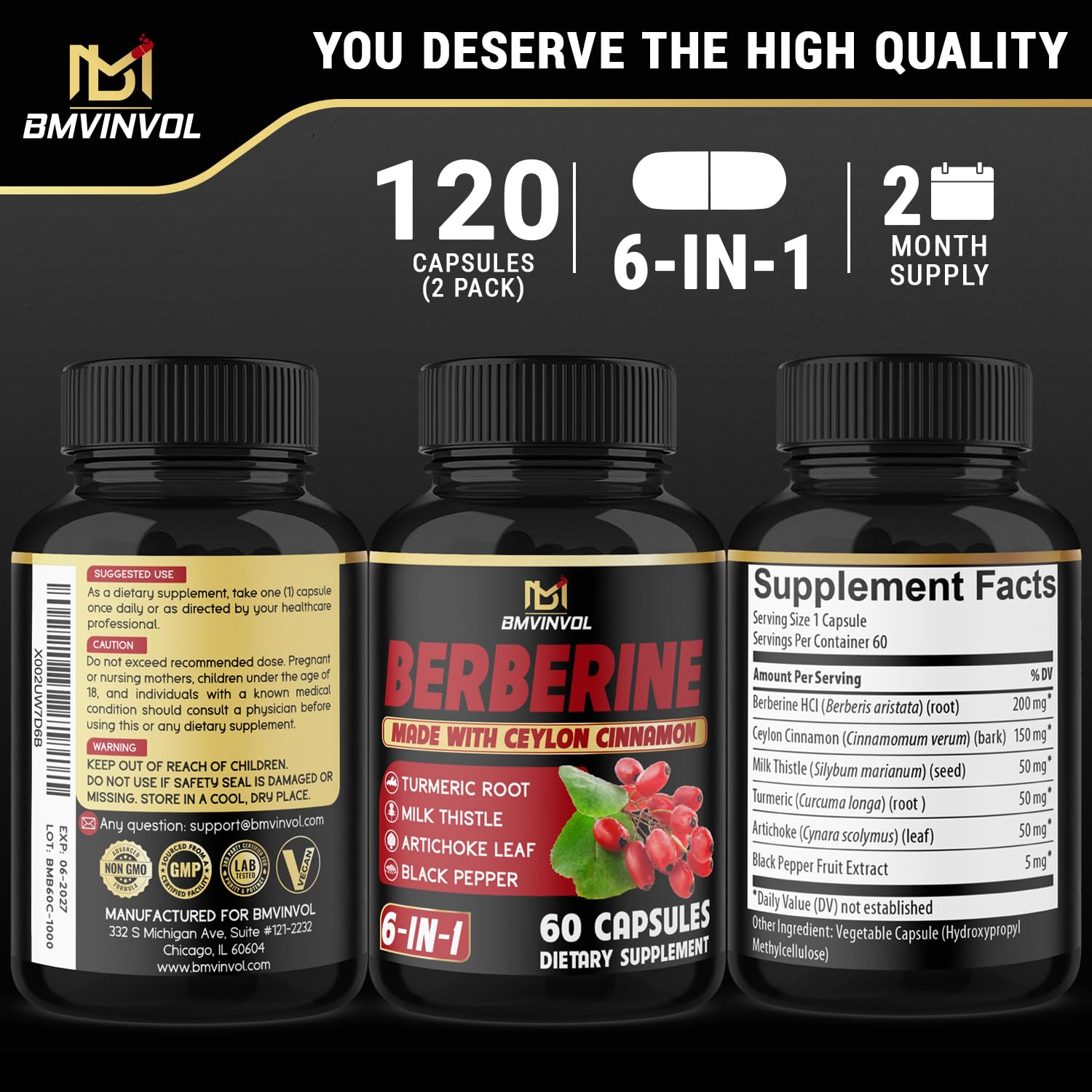 BMVINVOL Berberine Herbal Supplement capsule in hand