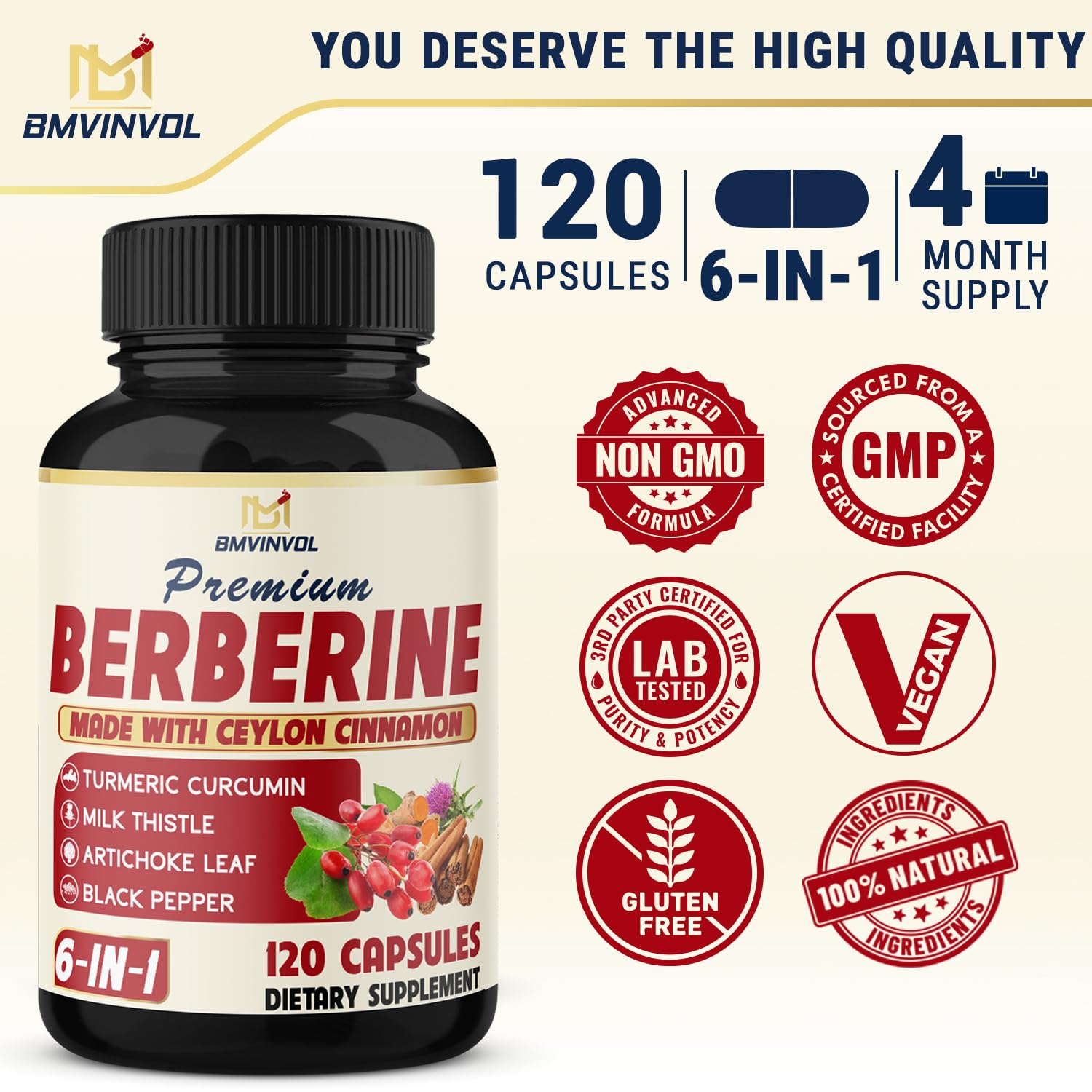 BMVINVOL Berberine Supplement displayed with herbs