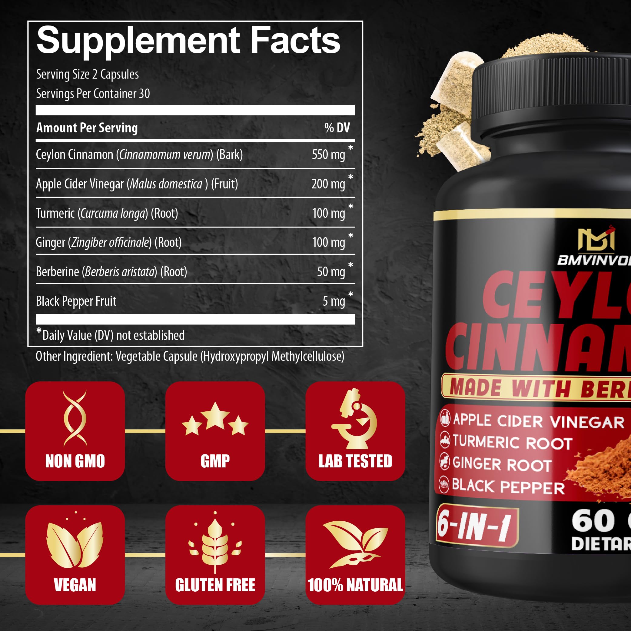 BMVINVOL Daily Ceylon Cinnamon Capsules side view