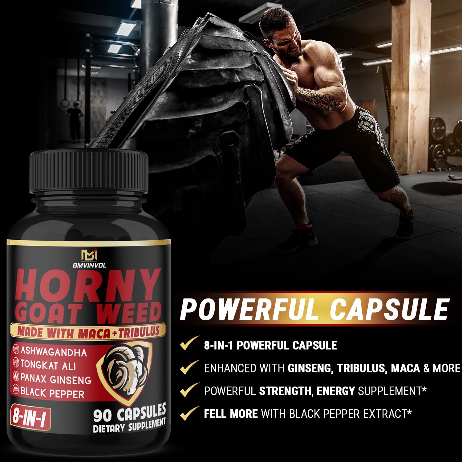 BMVINVOL Horny Goat Weed Capsules bottle with natural herbs in background