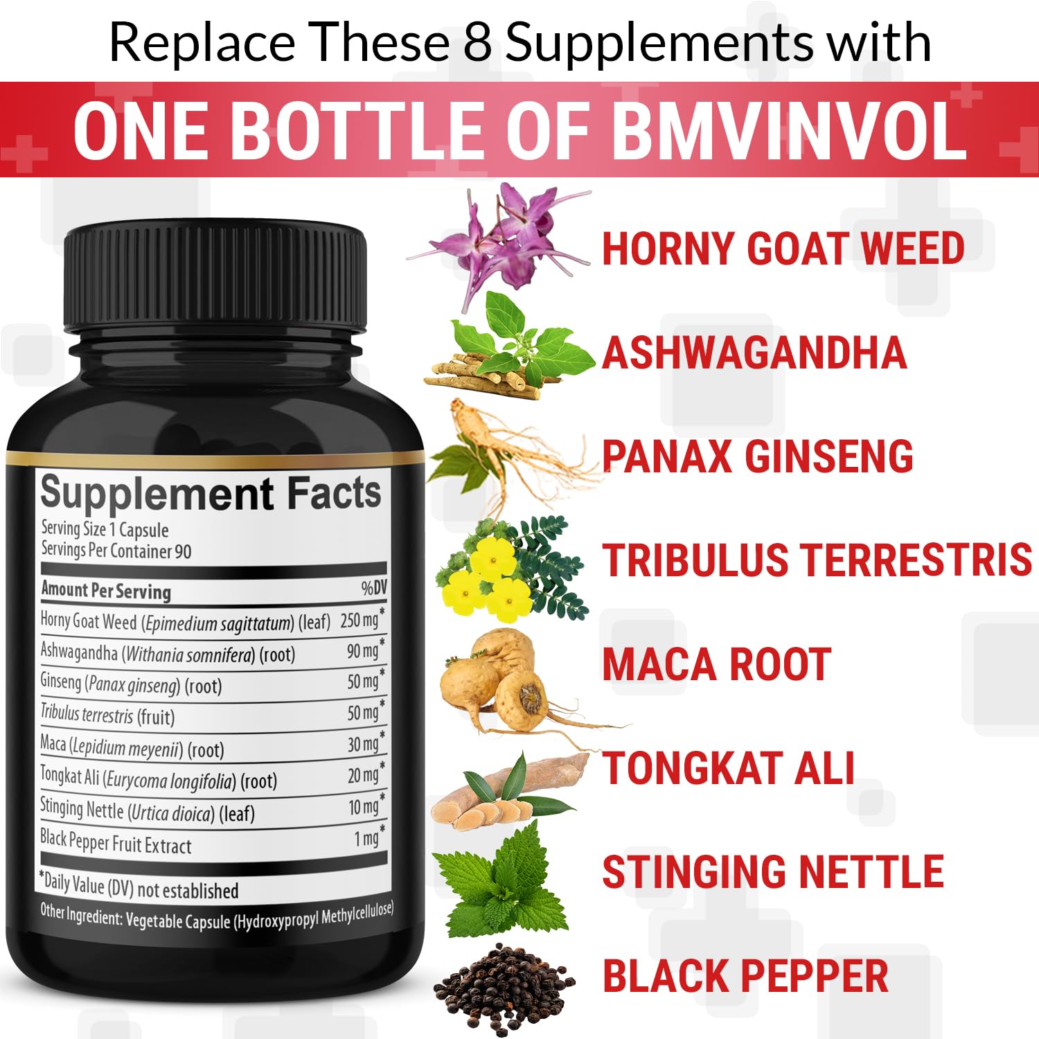 BMVINVOL Horny Goat Weed Capsules showing capsule size and texture
