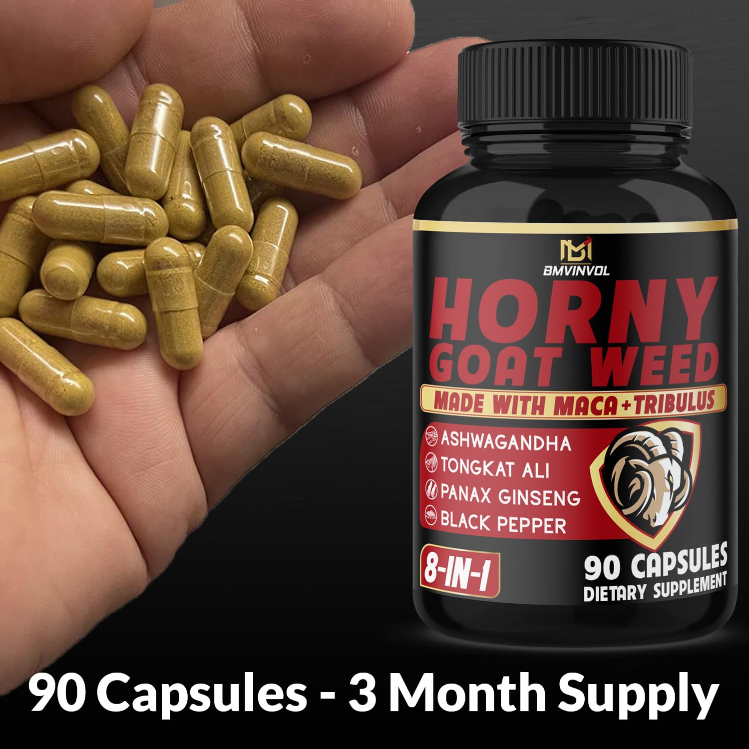 BMVINVOL Horny Goat Weed Capsules with a single capsule on a wooden surface