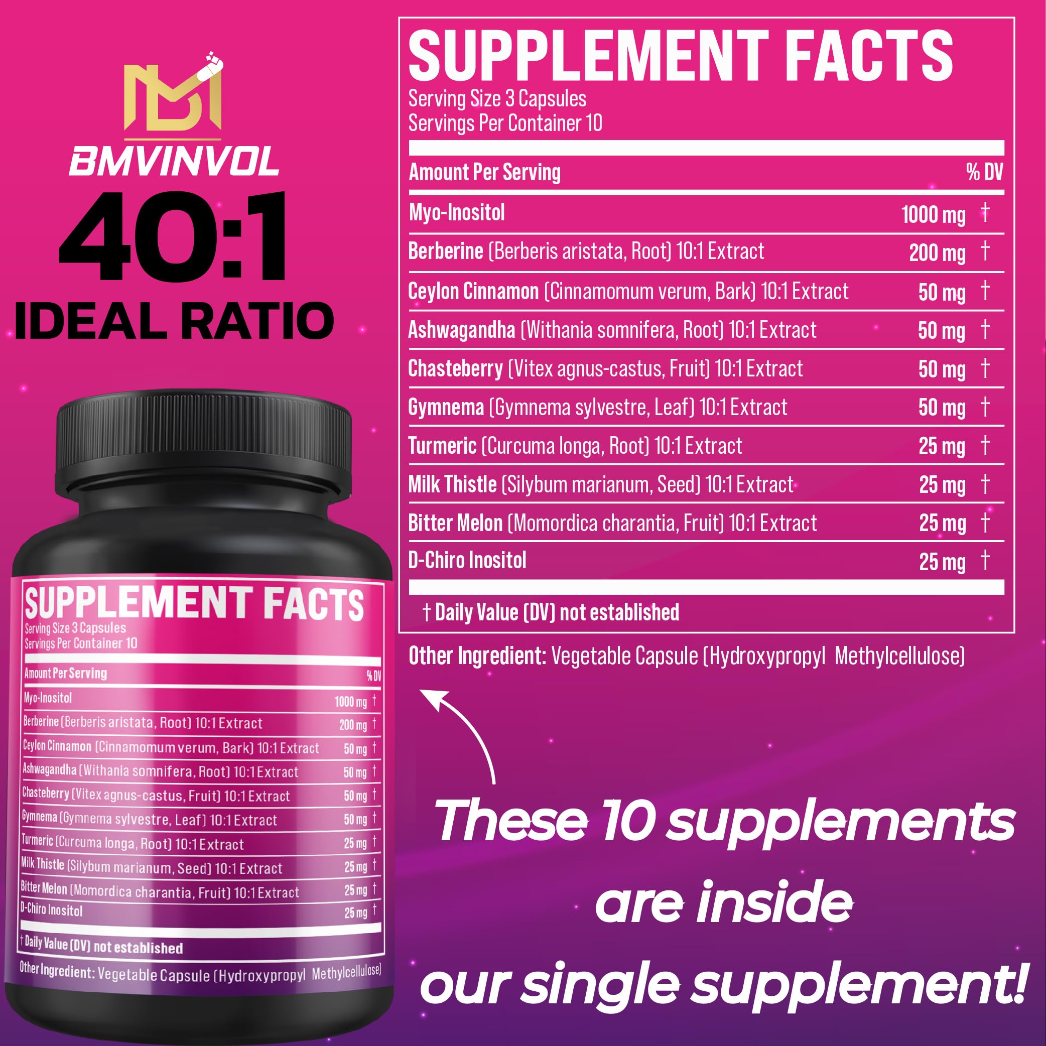 BMVINVOL Inositol Capsules 40:1 Ratio capsules on a table