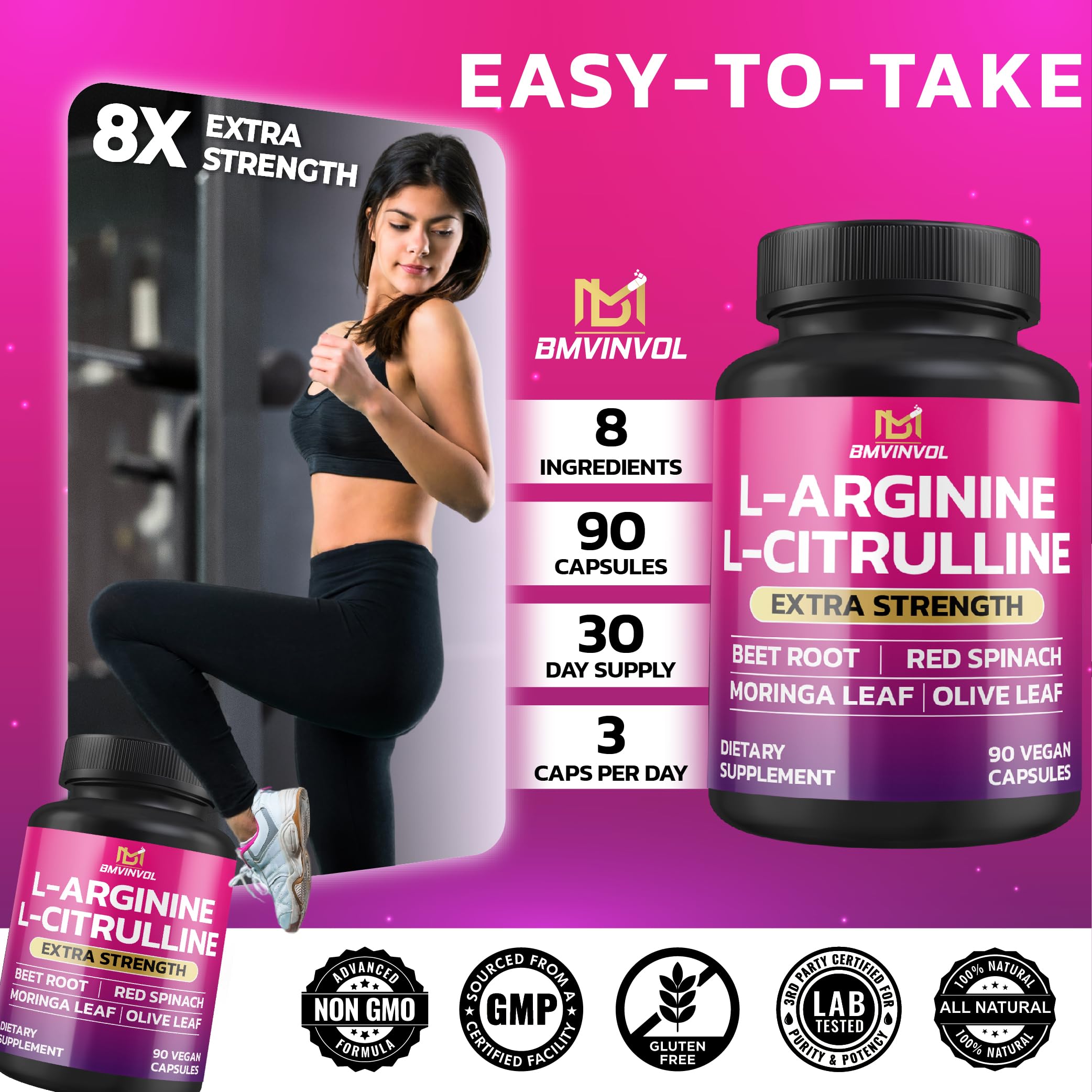 BMVINVOL L-Arginine Complex Capsules on a wooden table