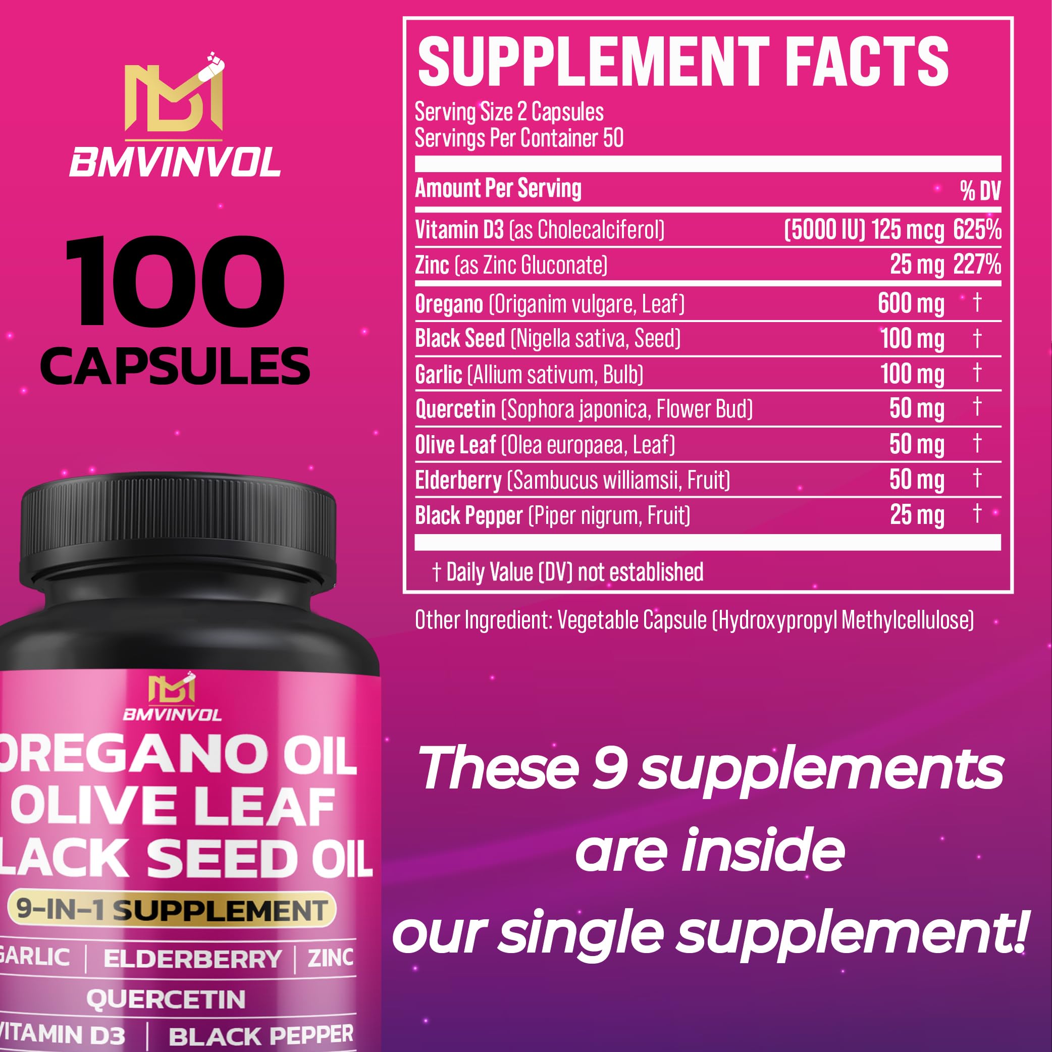 BMVINVOL Oregano Extract Capsules side view showing ingredient list
