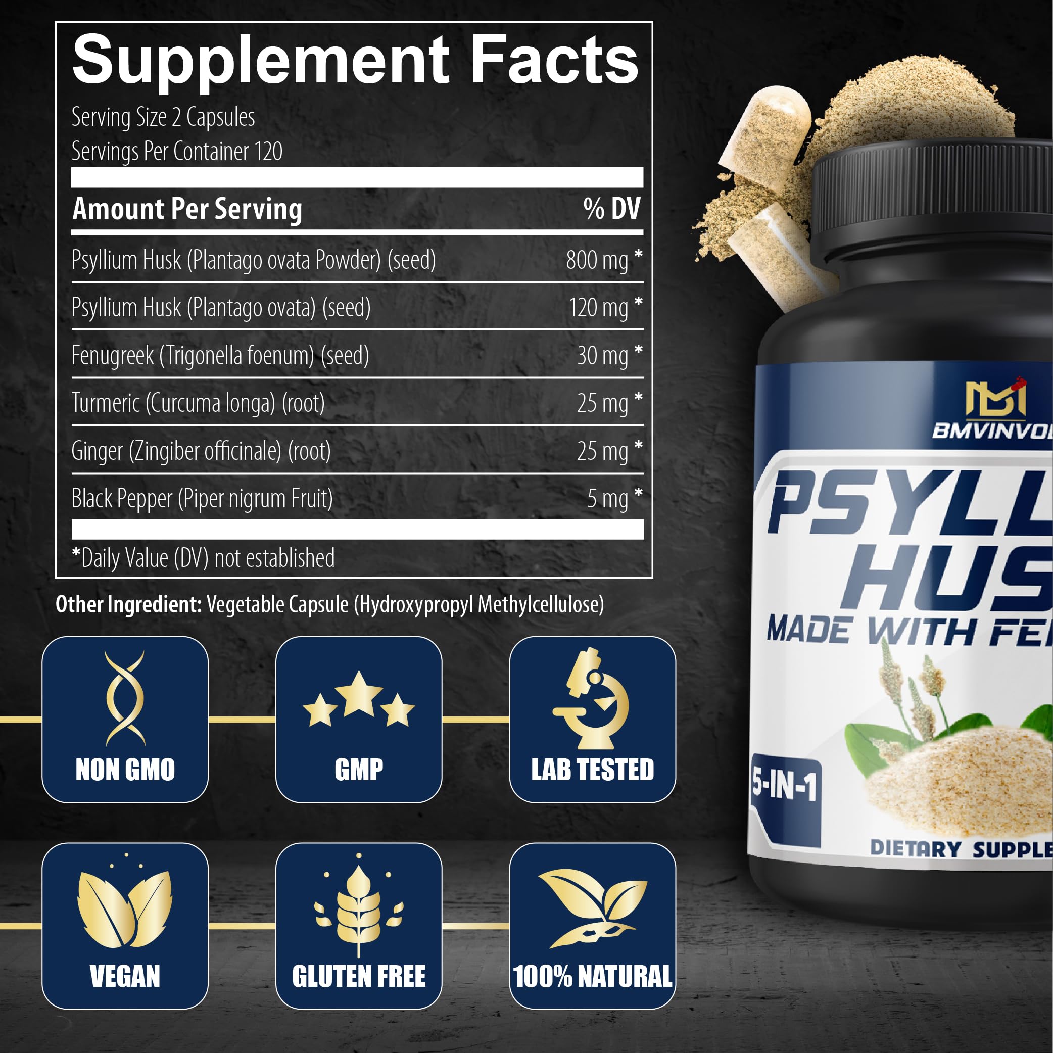 BMVINVOL Psyllium Husk Supplement bottle with natural ingredients