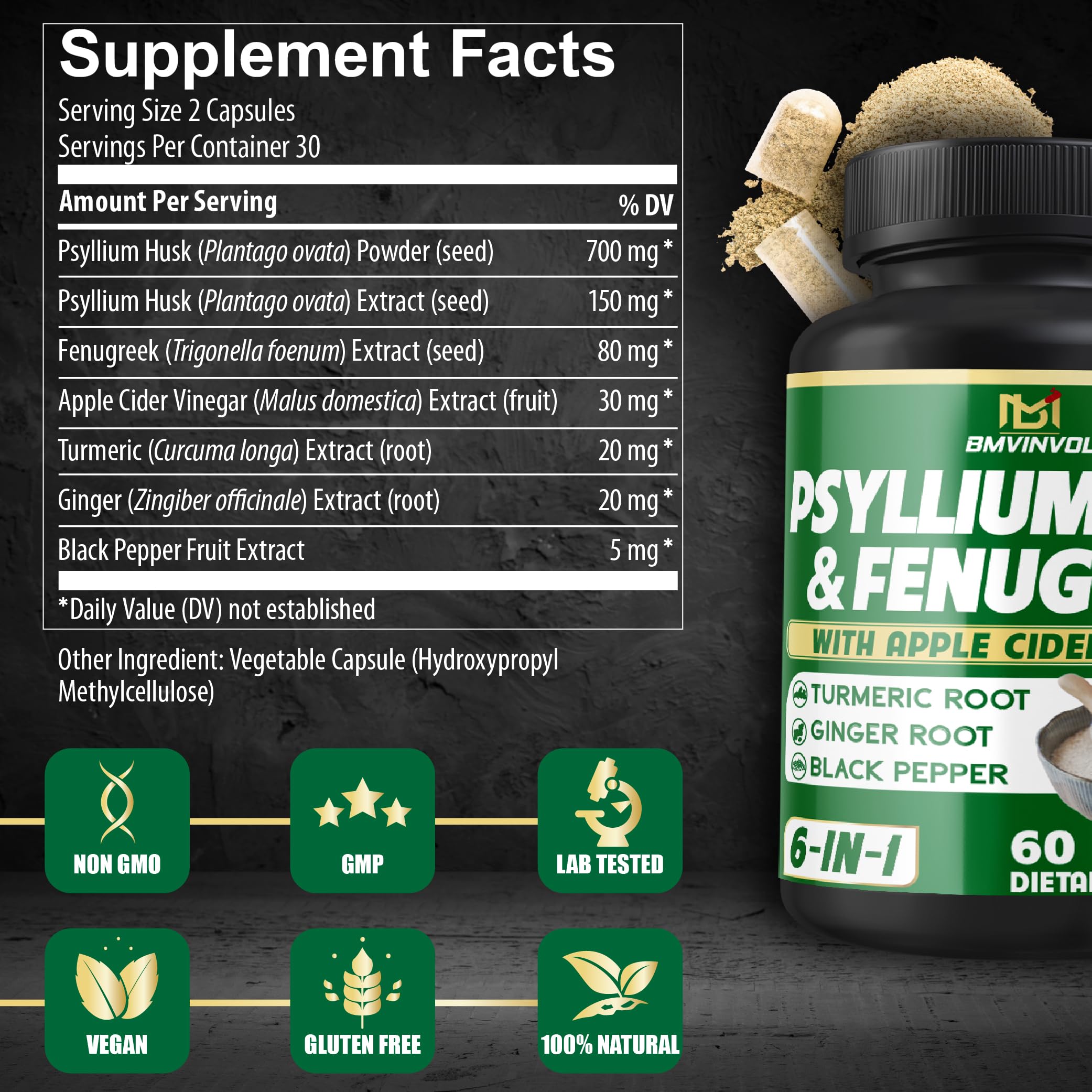BMVINVOL Psyllium Husk Supplement capsules close-up