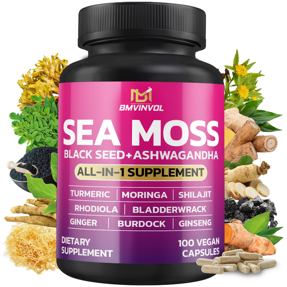 BMVINVOL SeaMoss Capsules 100 count front view