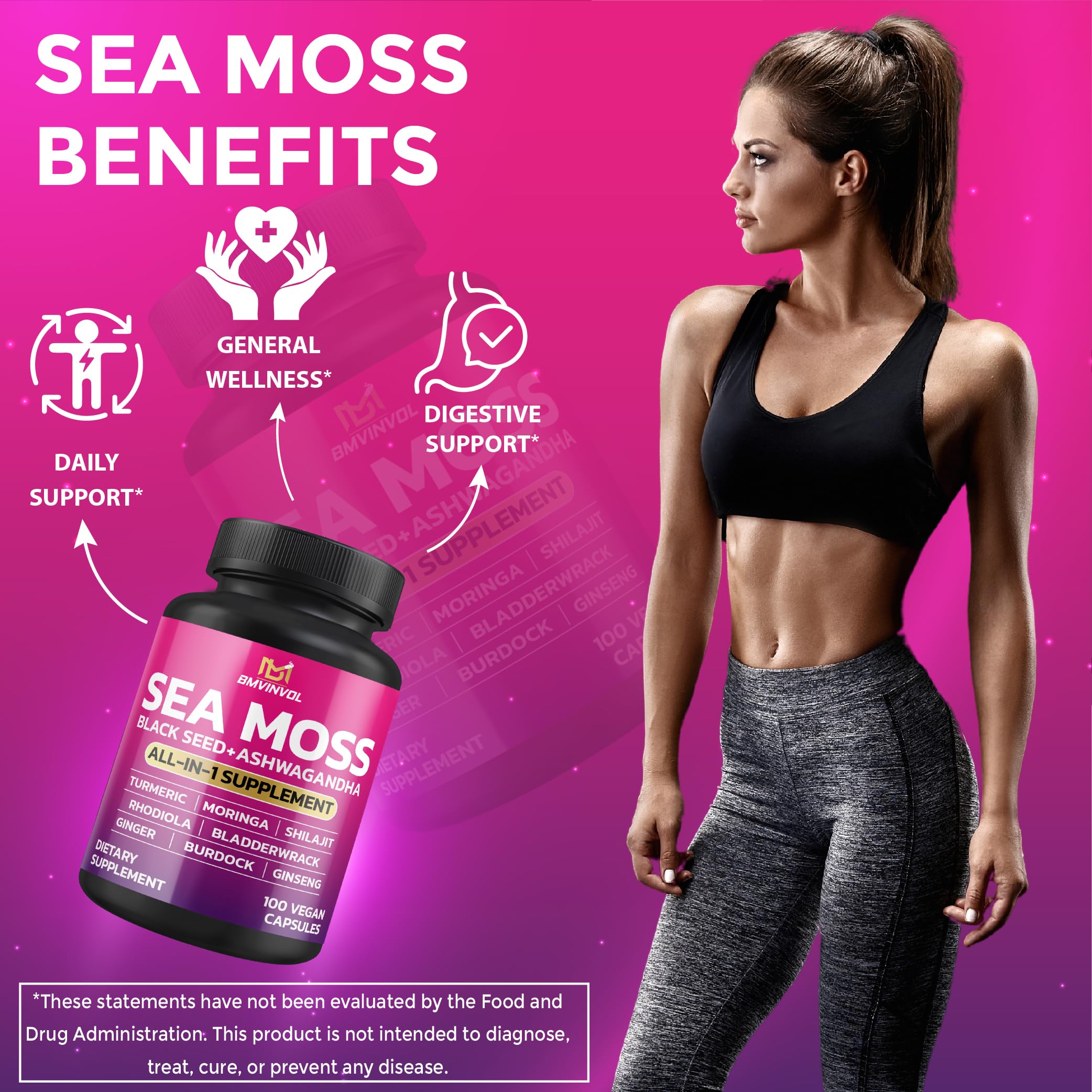 BMVINVOL SeaMoss Capsules with ingredients on a table