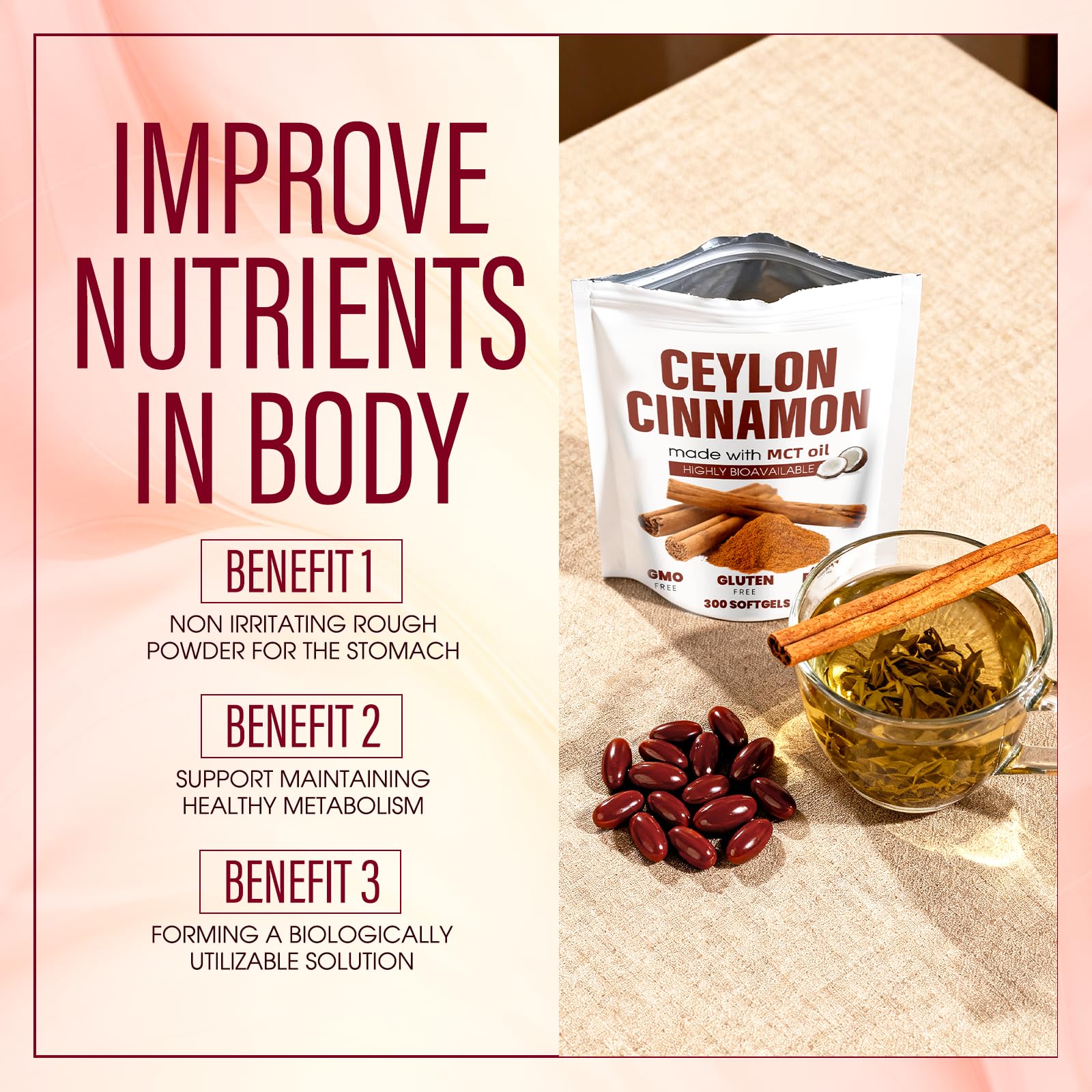 BnPnCn Ceylon Cinnamon Softgels displayed on a kitchen counter