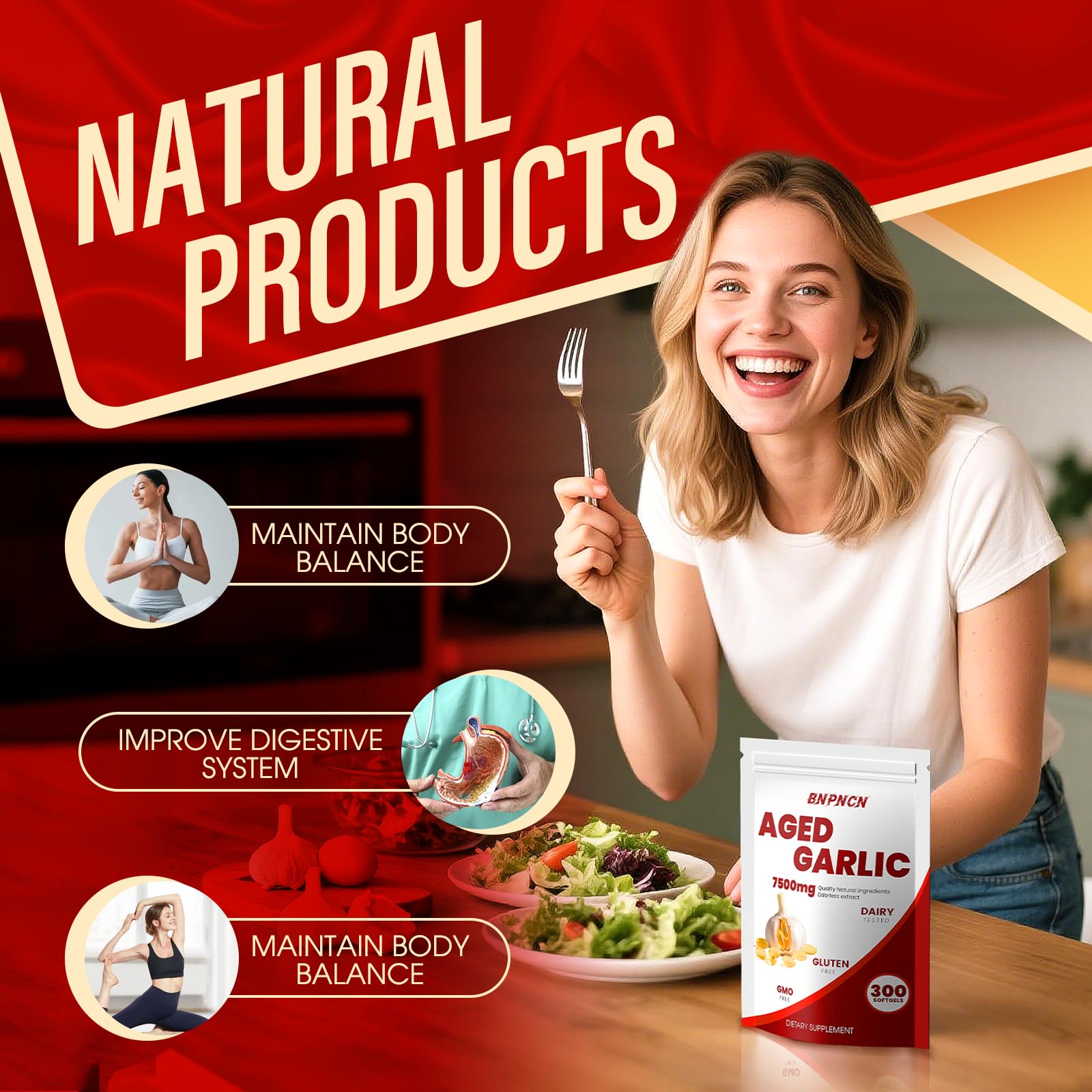 BnPnCn Garlic Supplement on a wooden table