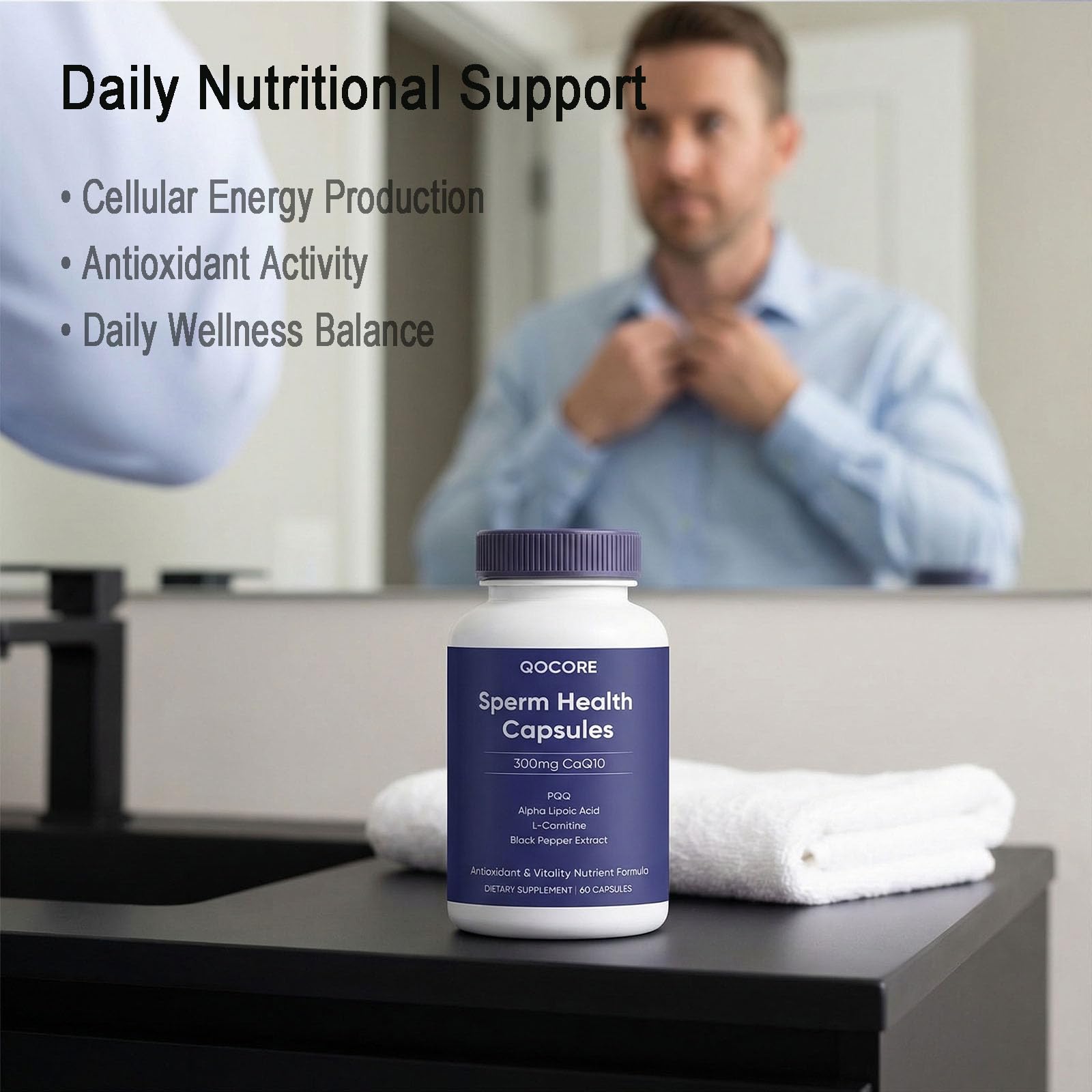 Boaccy CoQ10 Supplement 300mg capsules on a wooden table