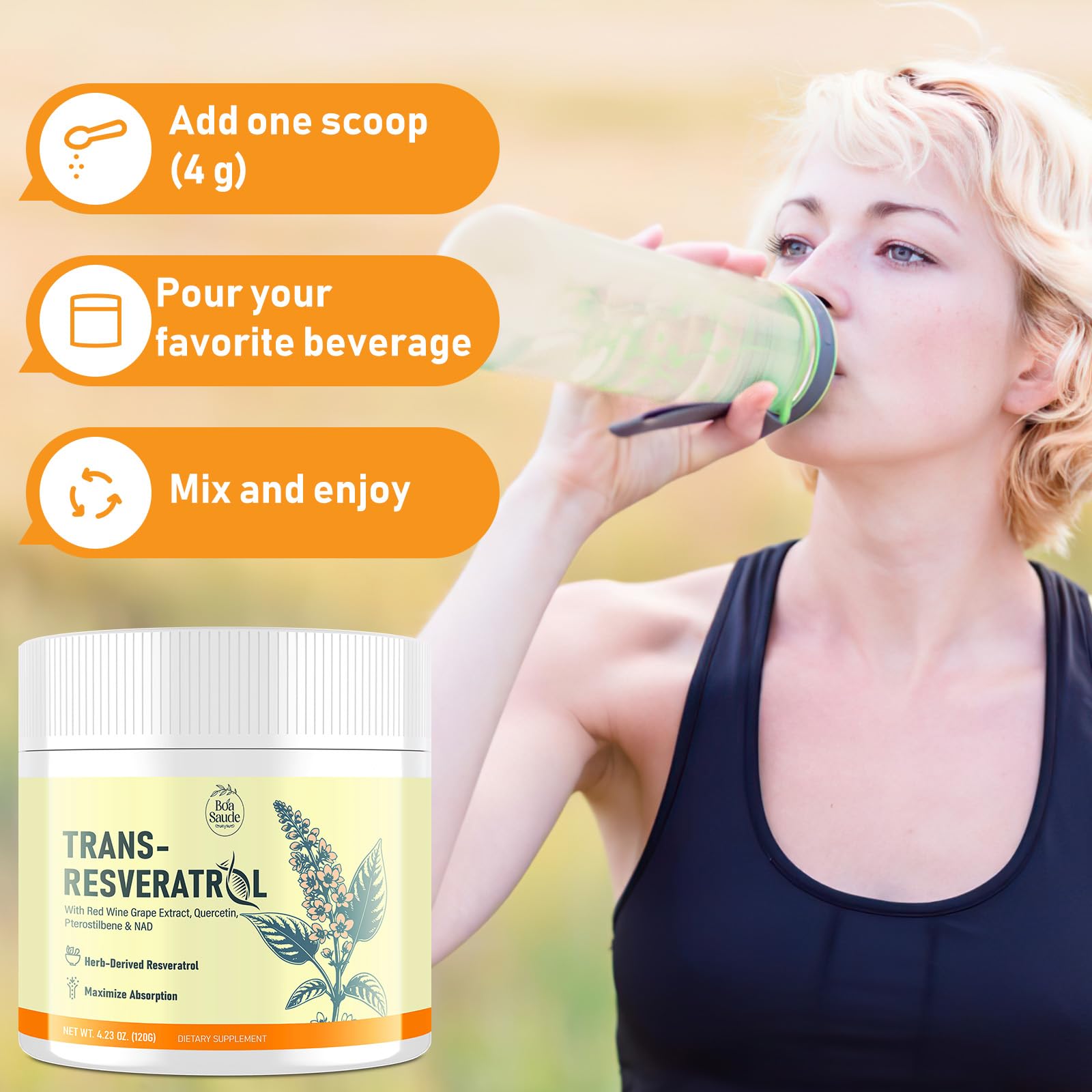 BoaSaude Resveratrol Powder Supplement in a bowl