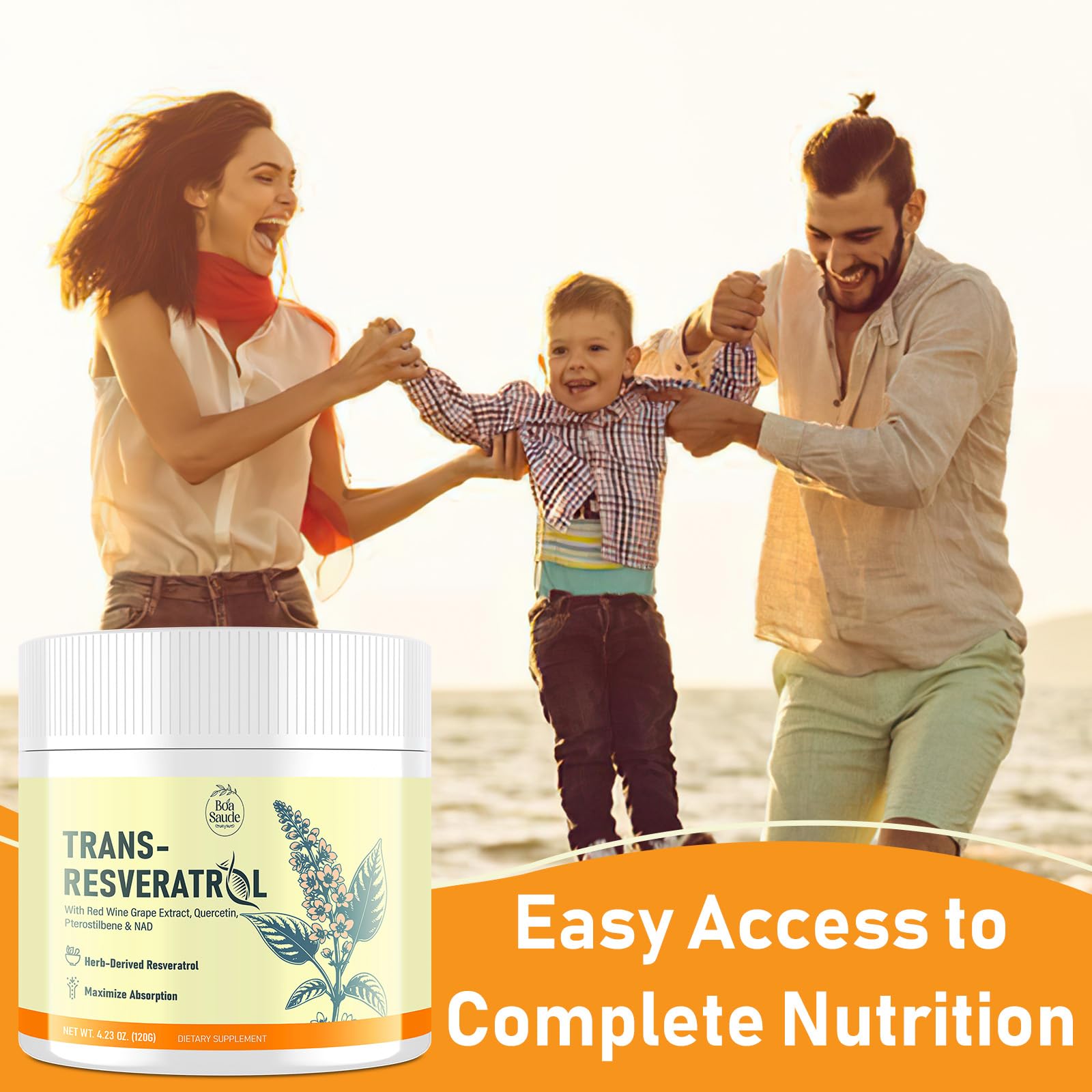 BoaSaude Resveratrol Powder Supplement with a measuring scoop