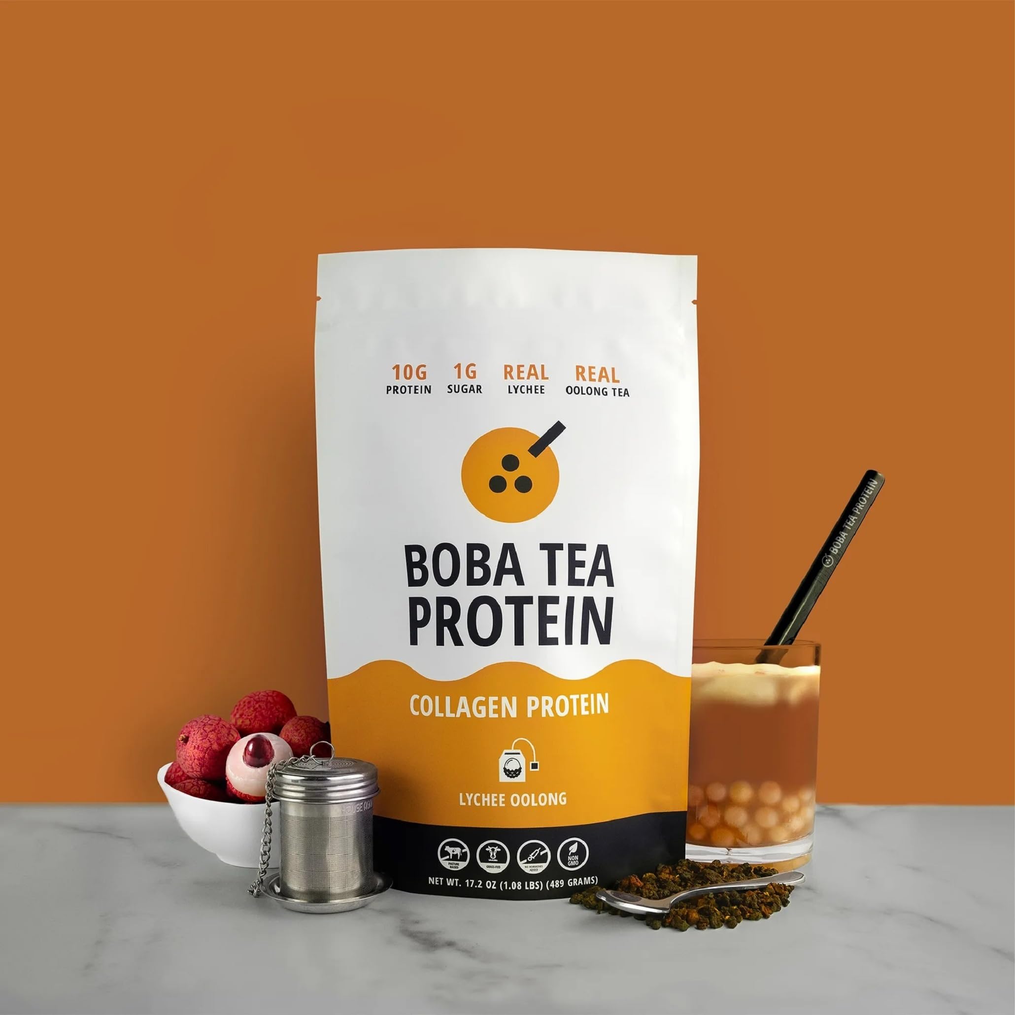 Boba Tea Protein Lychee Oolong Collagen packaging side view