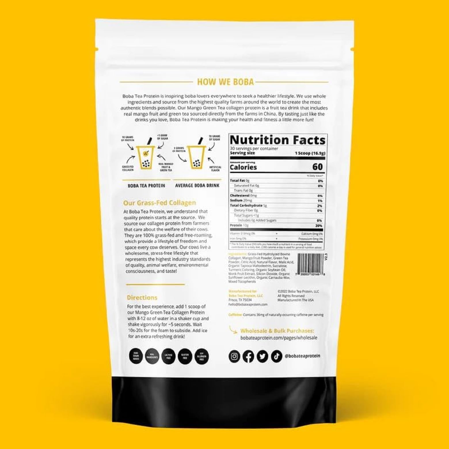 Boba Tea Protein Mango Green Tea Collagen Powder being stirred in a cup