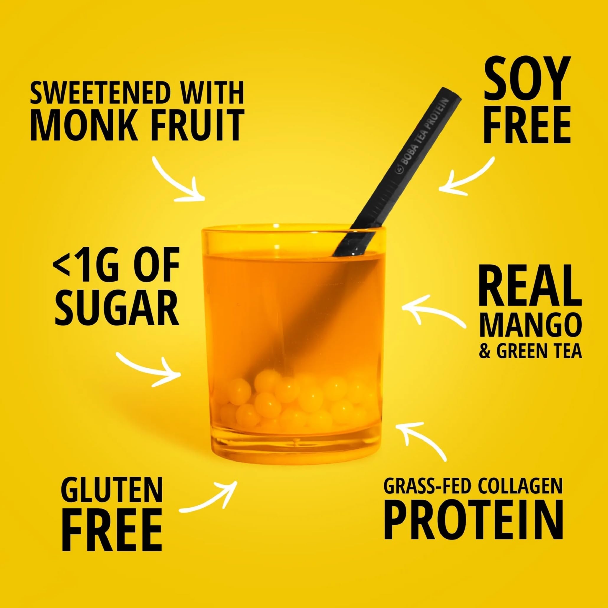 Boba Tea Protein Mango Green Tea Collagen Powder in a glass with mango slices