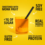 Boba Tea Protein Mango Green Tea Collagen Powder in a glass with mango slices