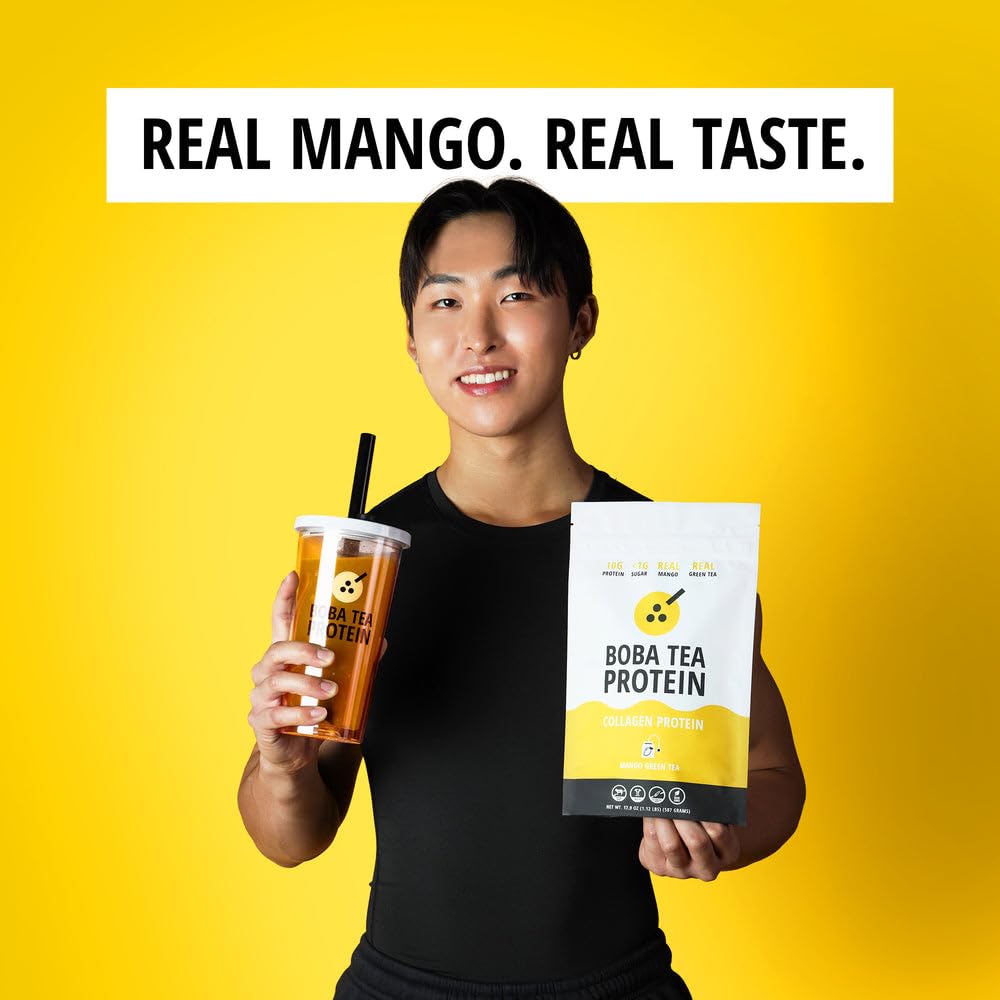 Boba Tea Protein Mango Green Tea Collagen Powder scoop next to the container