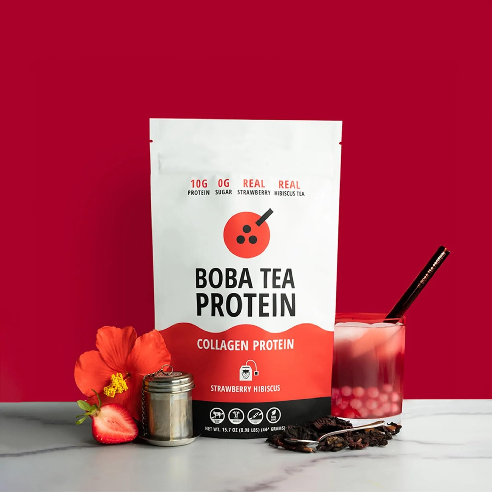 Boba Tea Protein Strawberry Hibiscus Collagen 472g packaging