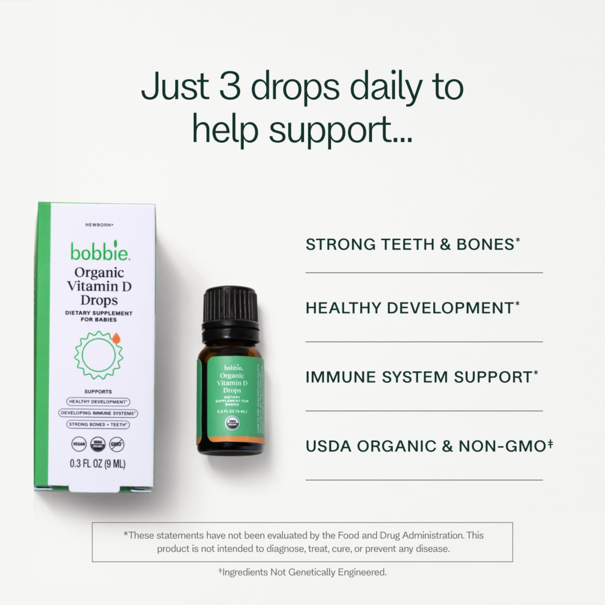 Bobbie Organic Vitamin D Drops close-up of bottle and dropper