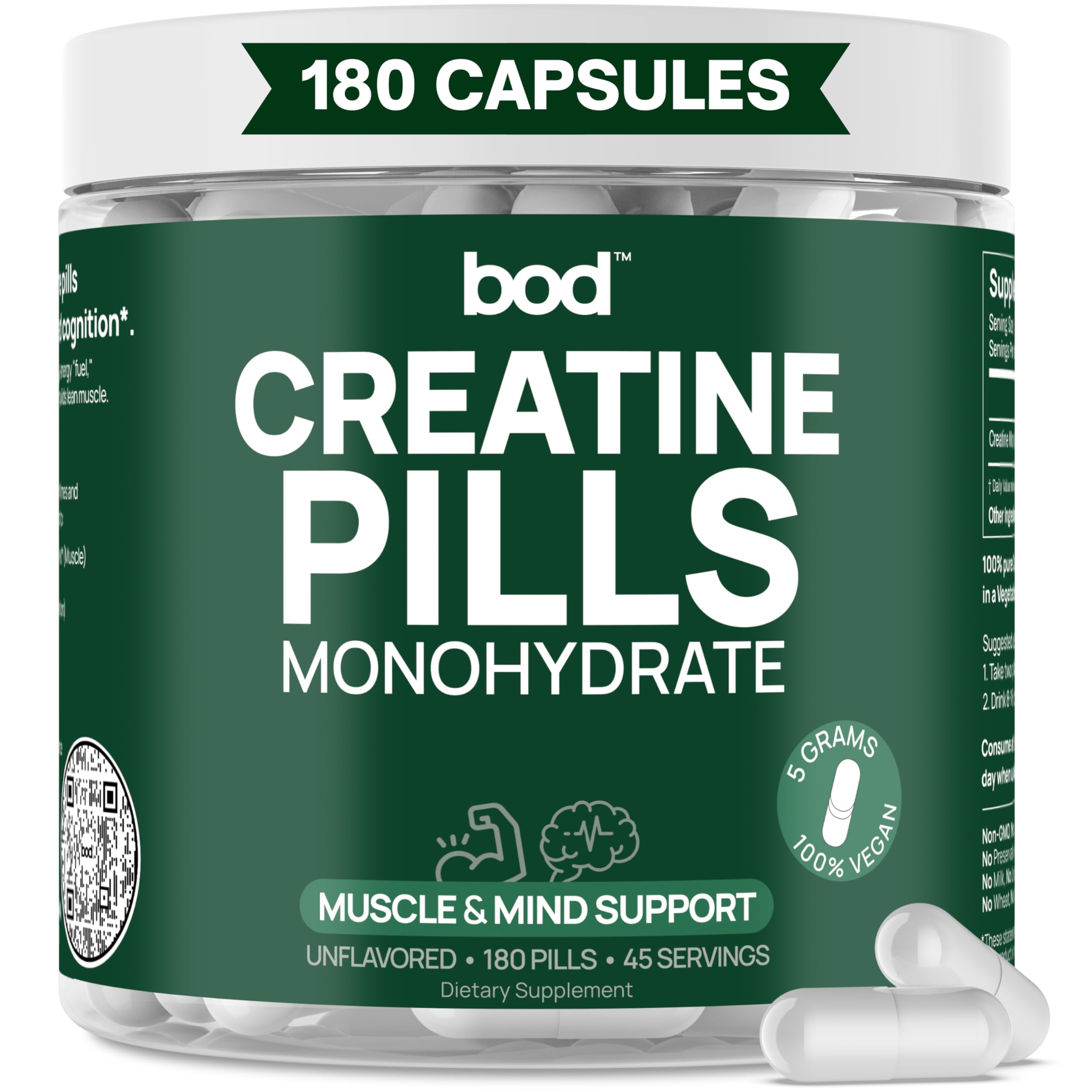 Bod Creatine Monohydrate Capsules 120 count front view
