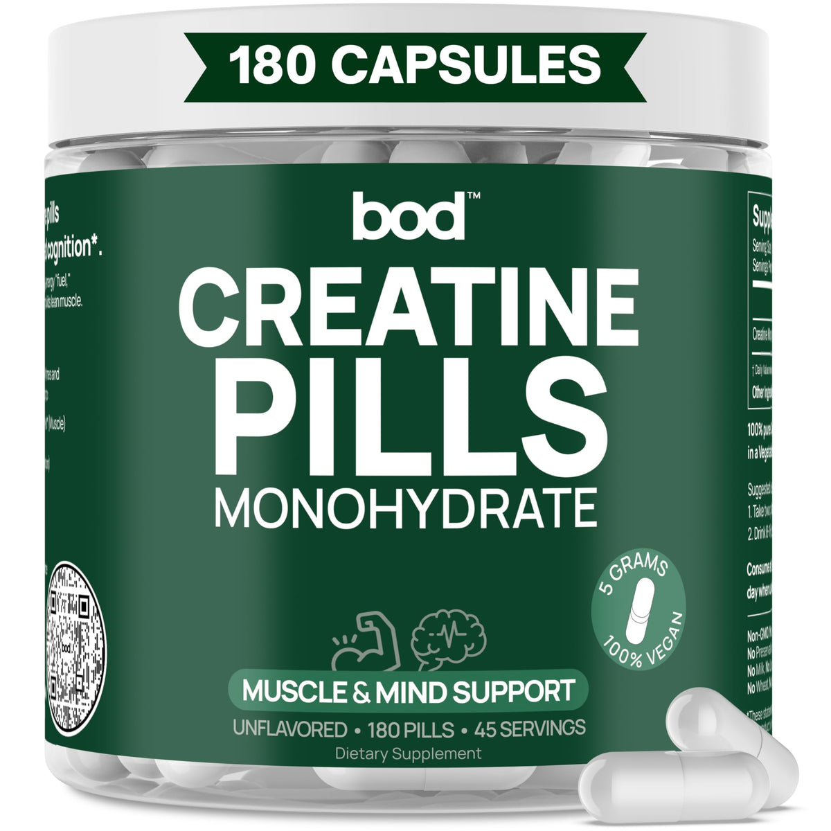 Bod Creatine Monohydrate Capsules 120 count front view