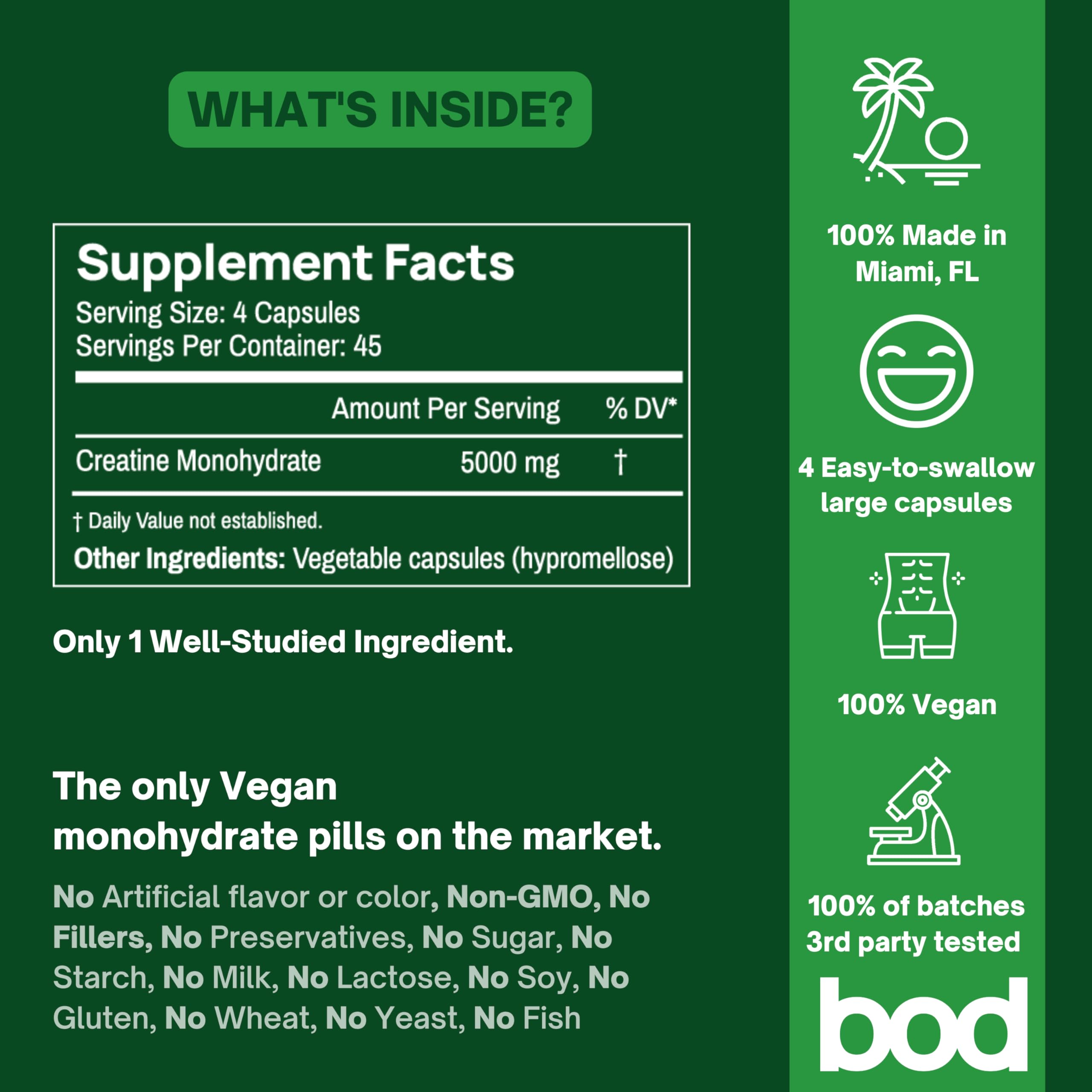 Bod Creatine Monohydrate Capsules back view with nutritional information