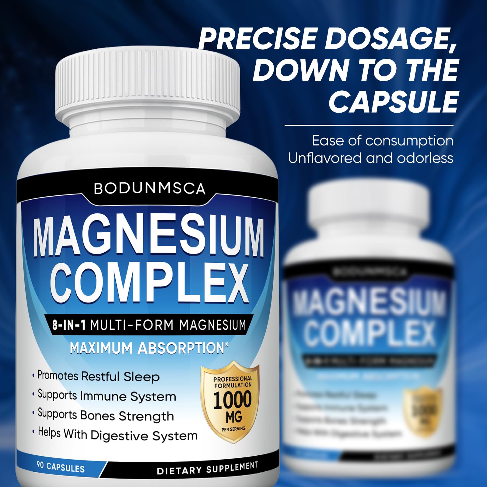 BODUNMSCA Magnesium Complex 1000mg bottle on a kitchen counter