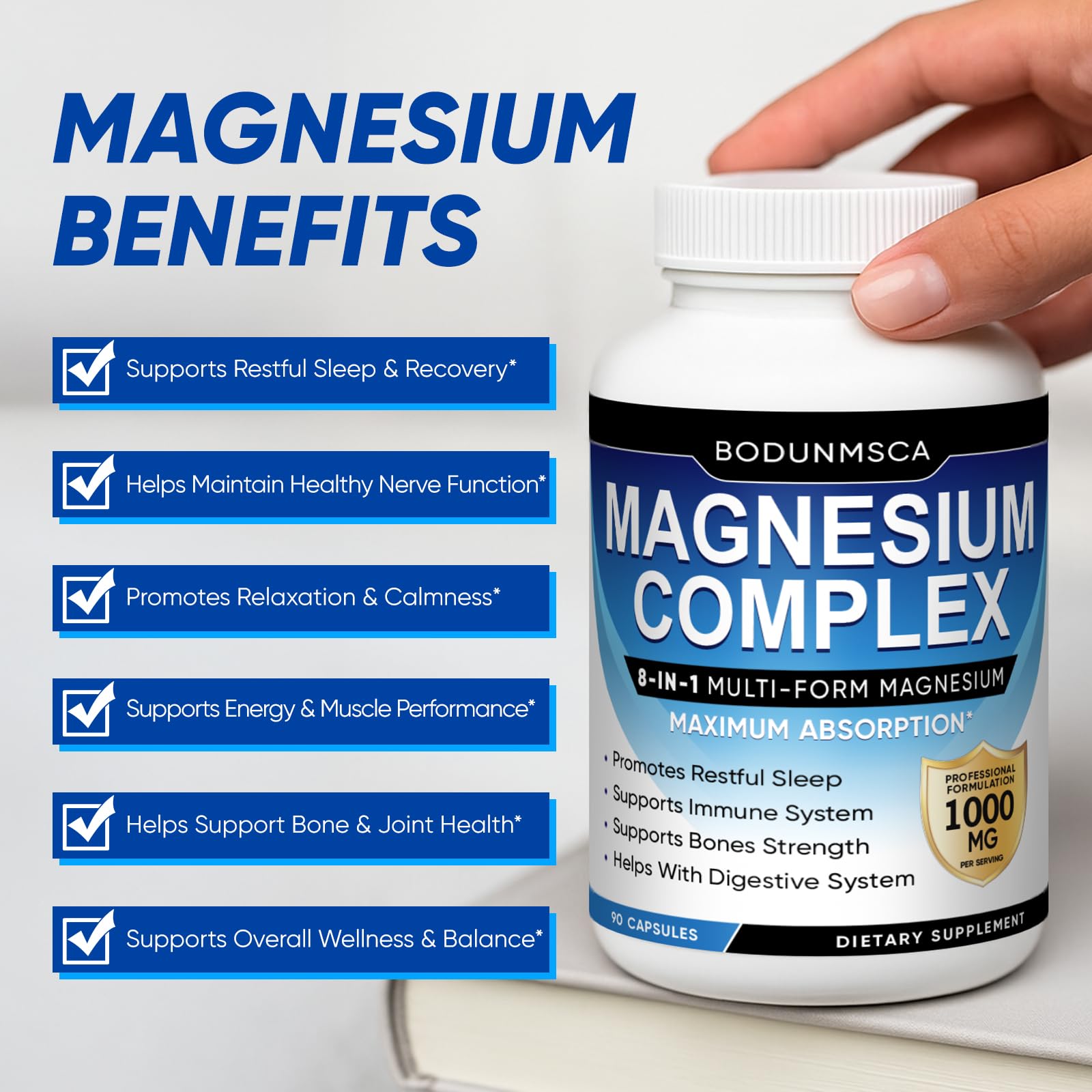 BODUNMSCA Magnesium Complex 1000mg bottle with lifestyle background