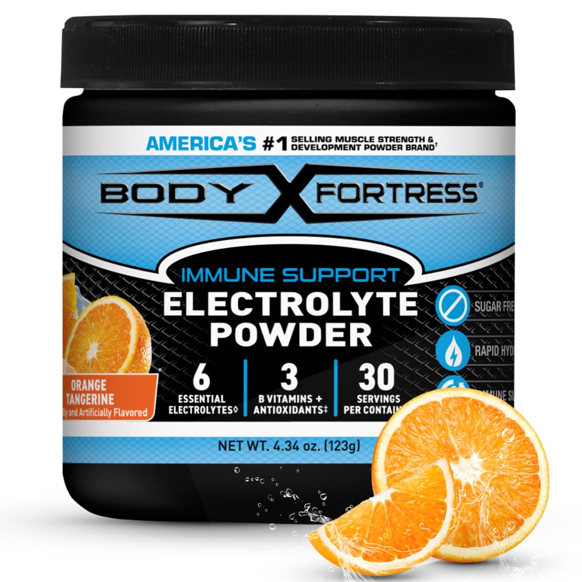 Body Fortress Electrolyte Powder front view, Orange Tangerine flavour