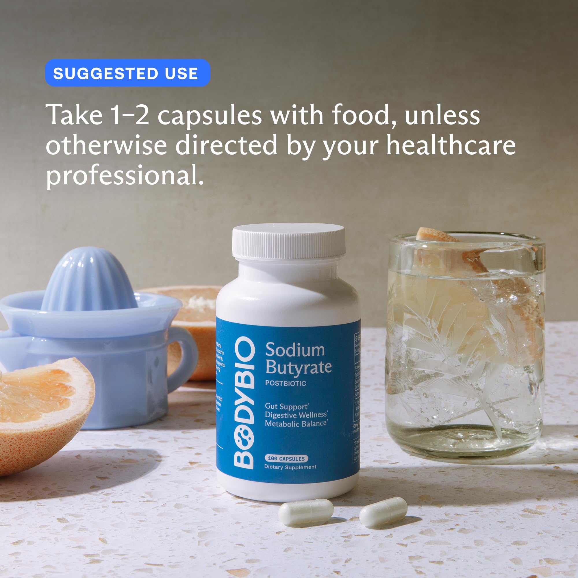 BodyBio Butyrate Prebiotic Capsules in hand