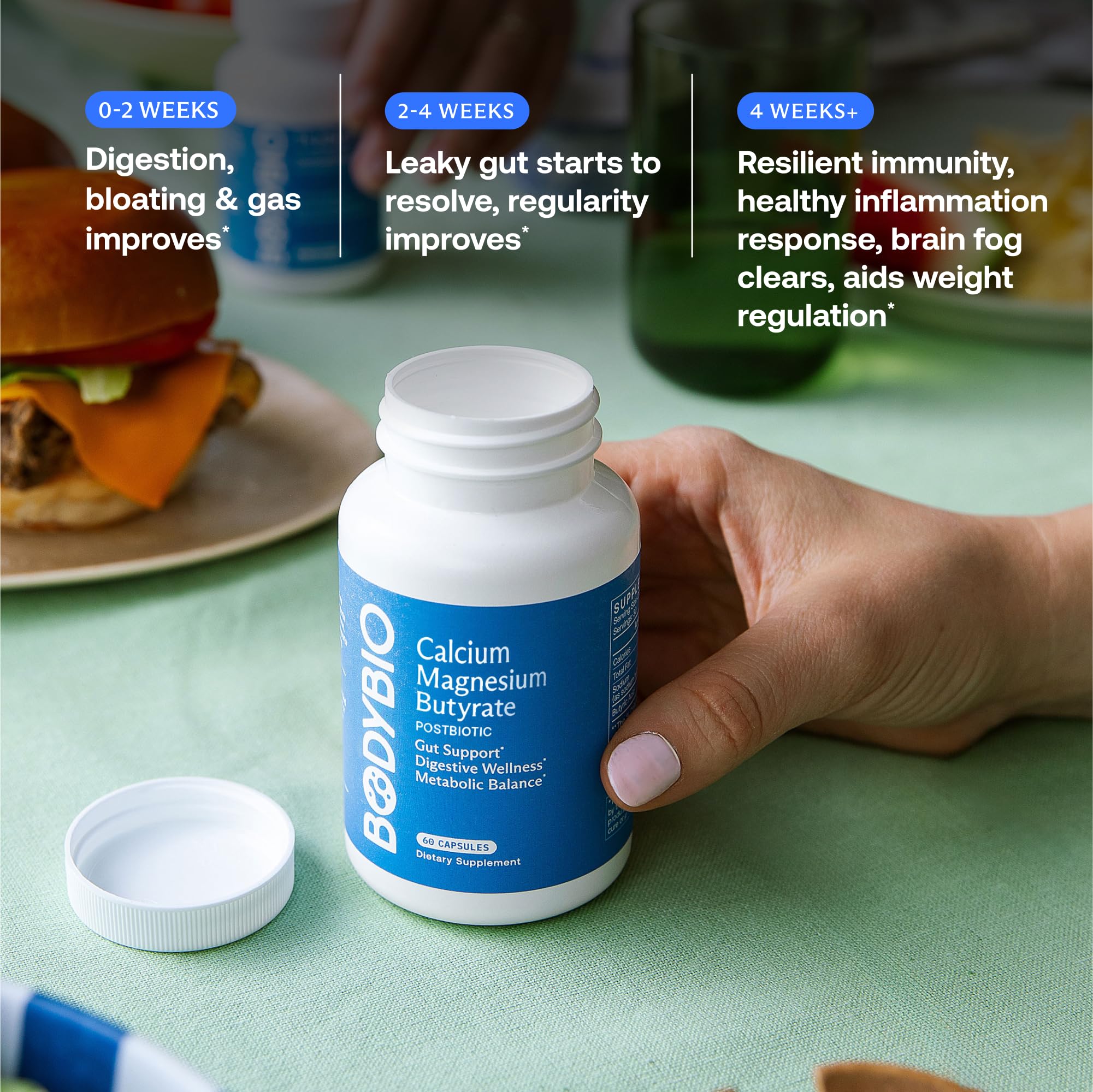 BodyBio Butyrate Prebiotic Capsules on a white background