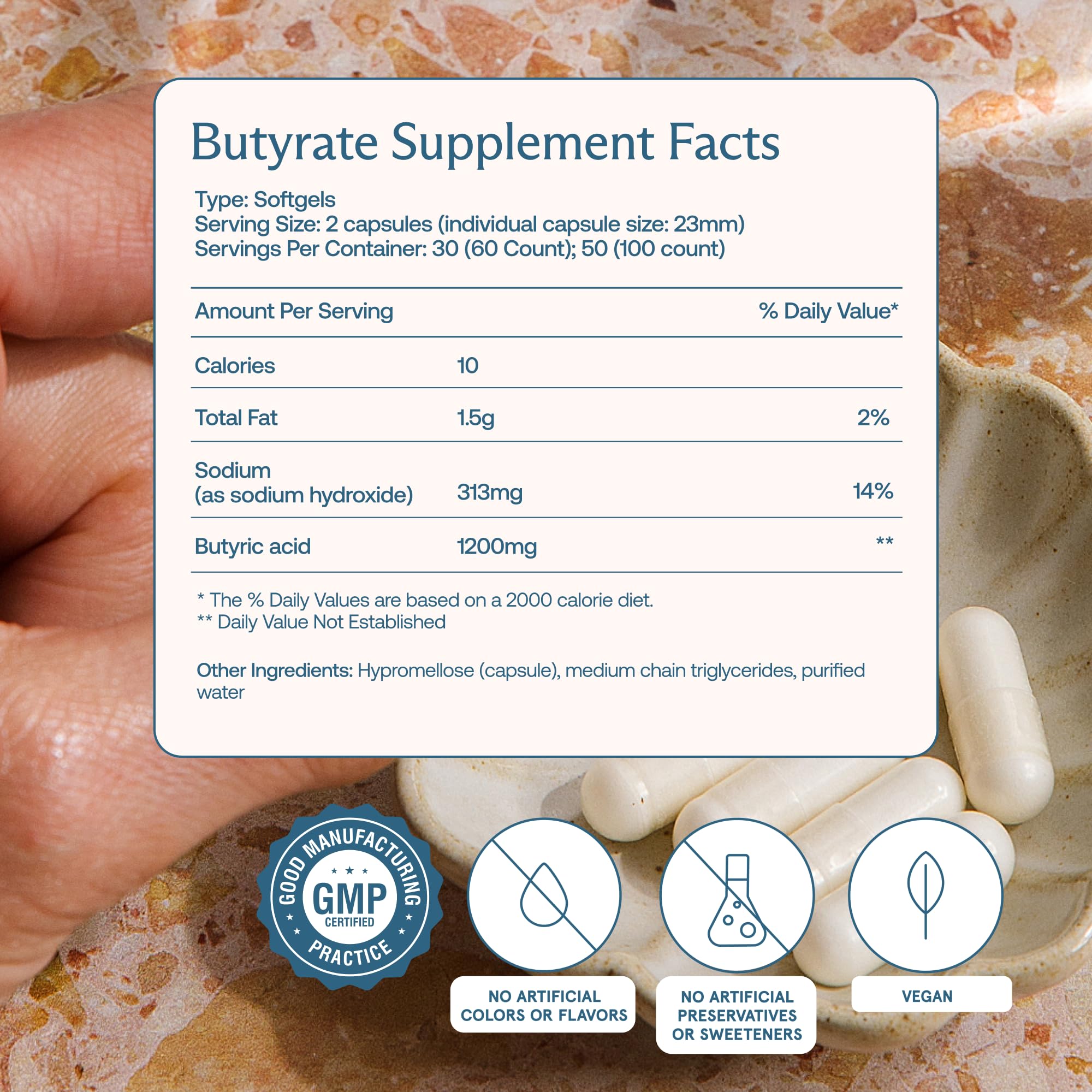 BodyBio Butyrate Prebiotic Capsules with packaging