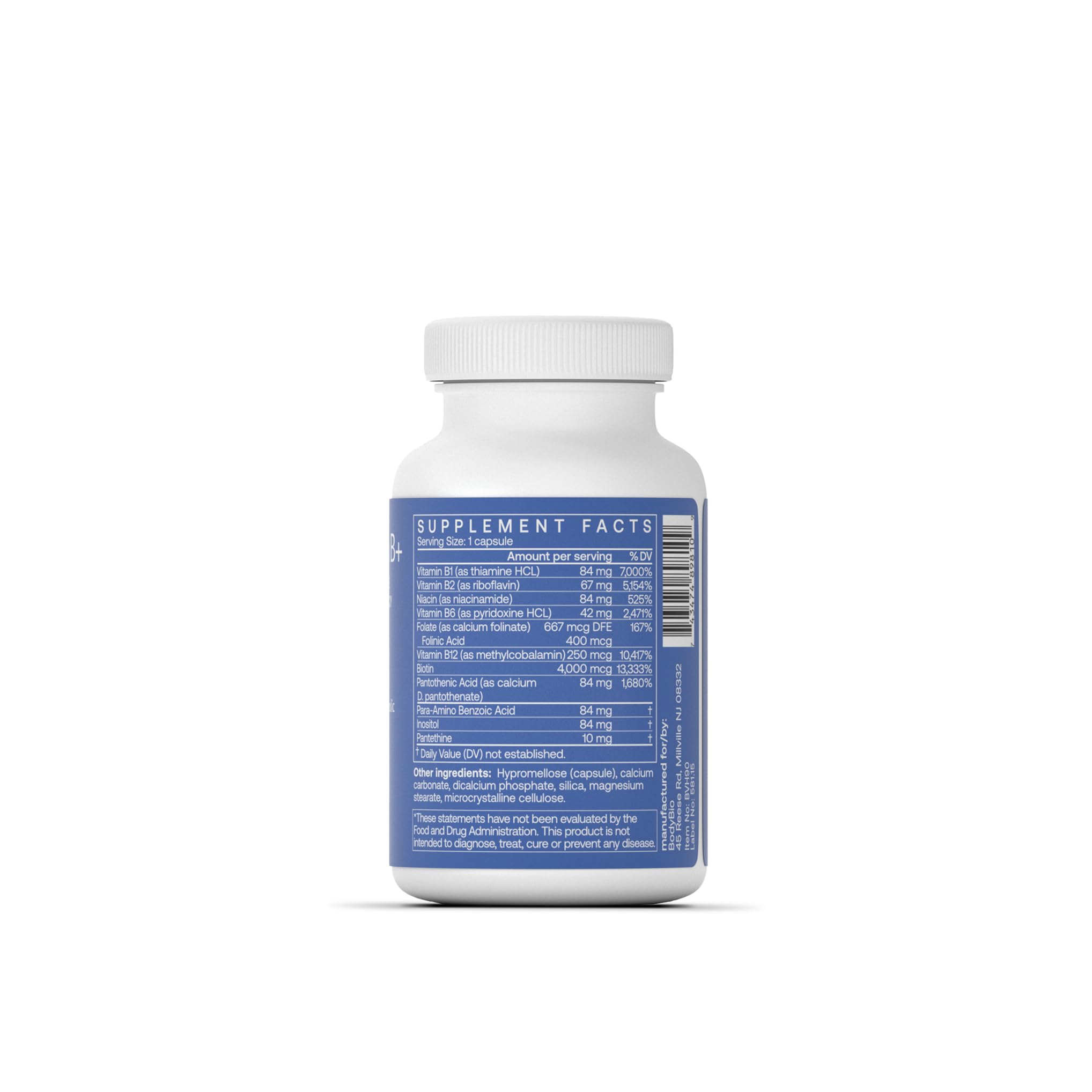 BodyBio Vitamin B+ Complex 100g capsule bottle