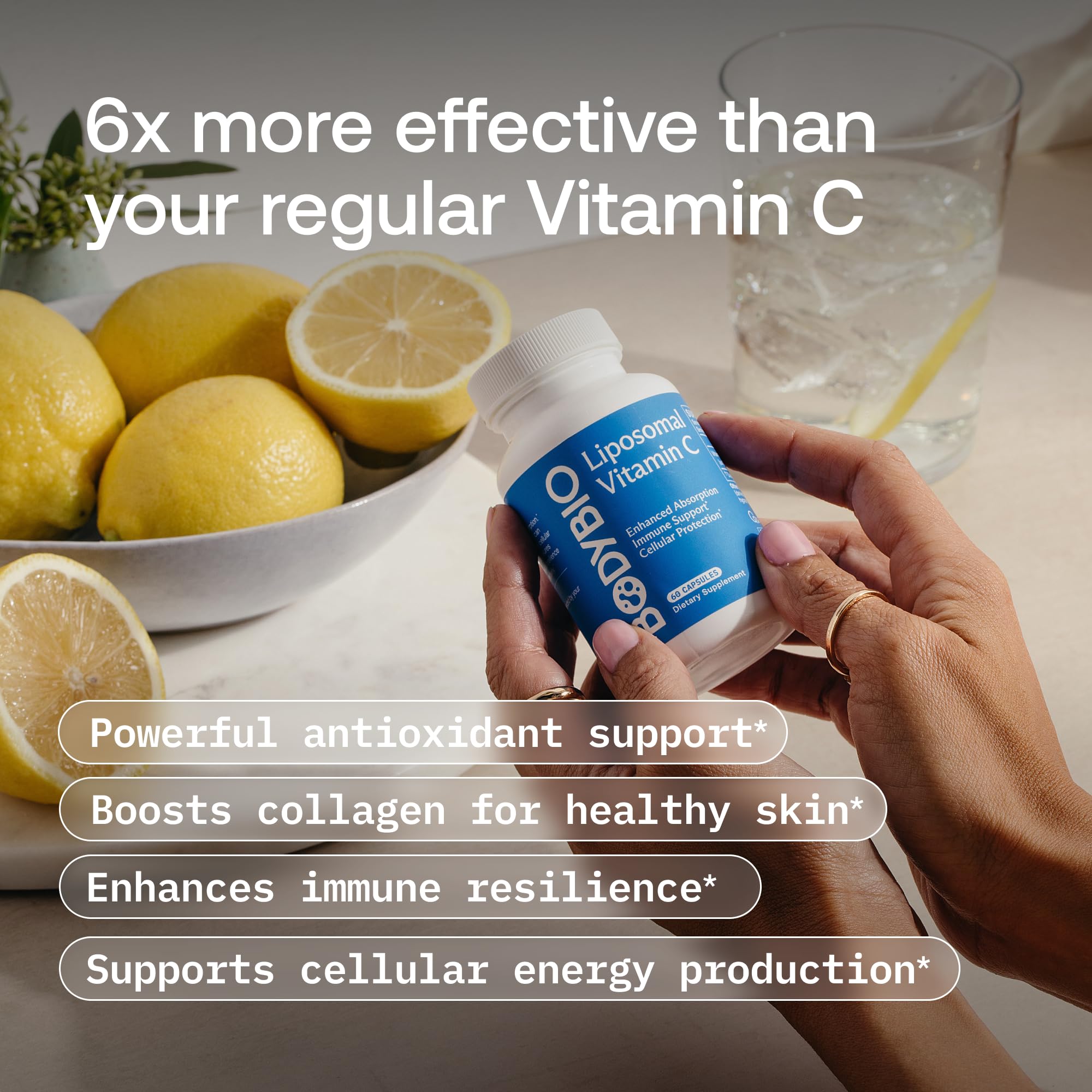 BodyBio Vitamin C Liposomal Capsules on a wooden table