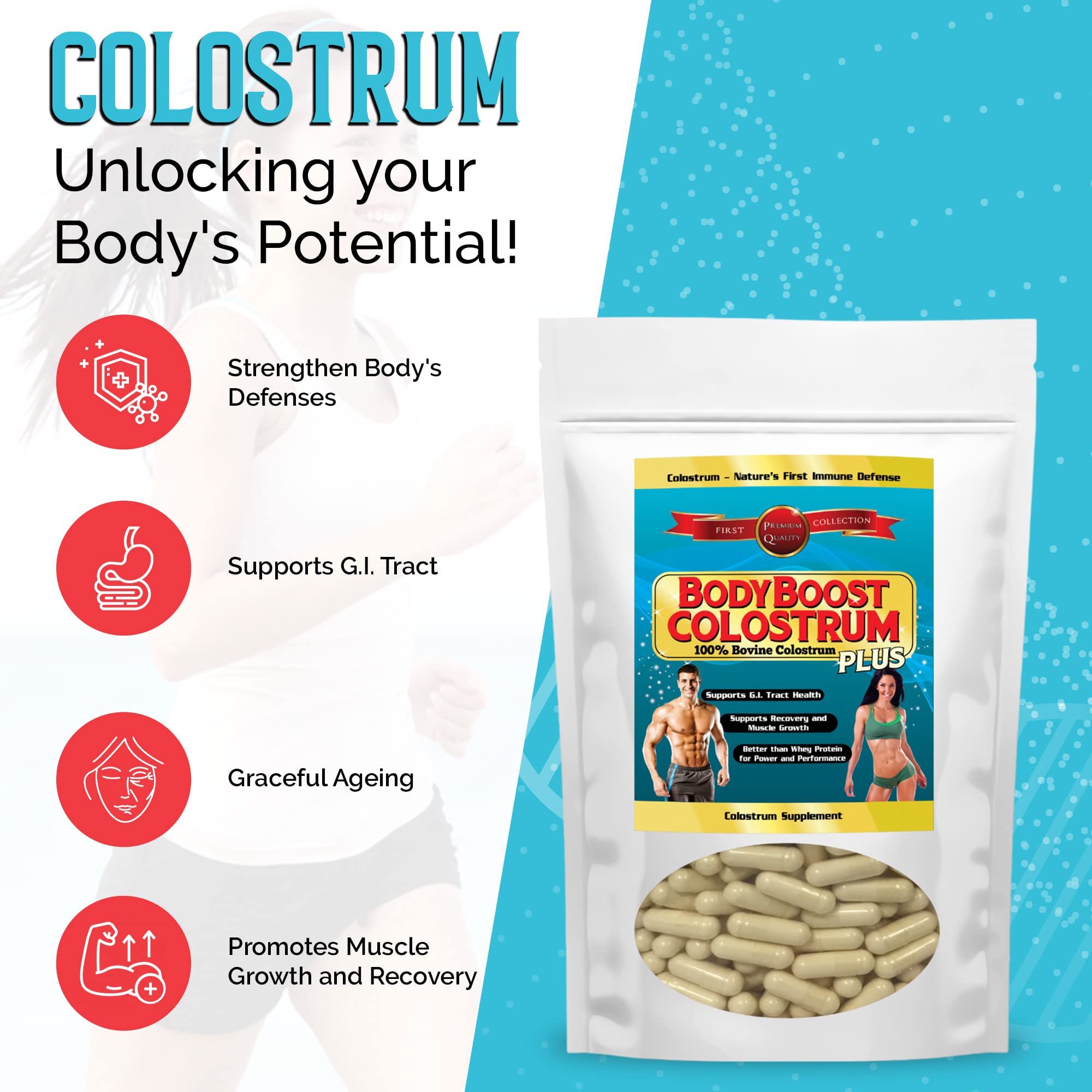 BodyBoost Colostrum Powder 172g lifestyle shot with ingredients