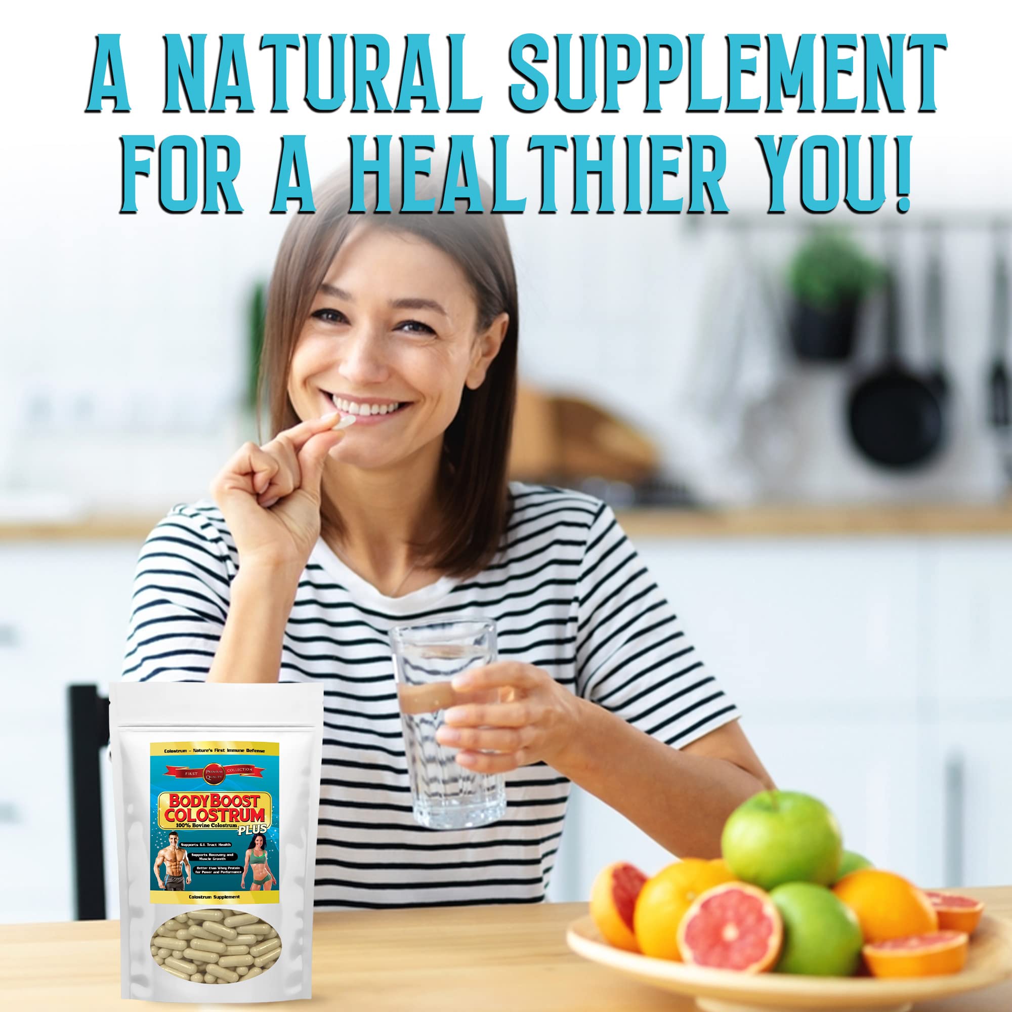 BodyBoost Colostrum Powder 172g on a kitchen counter