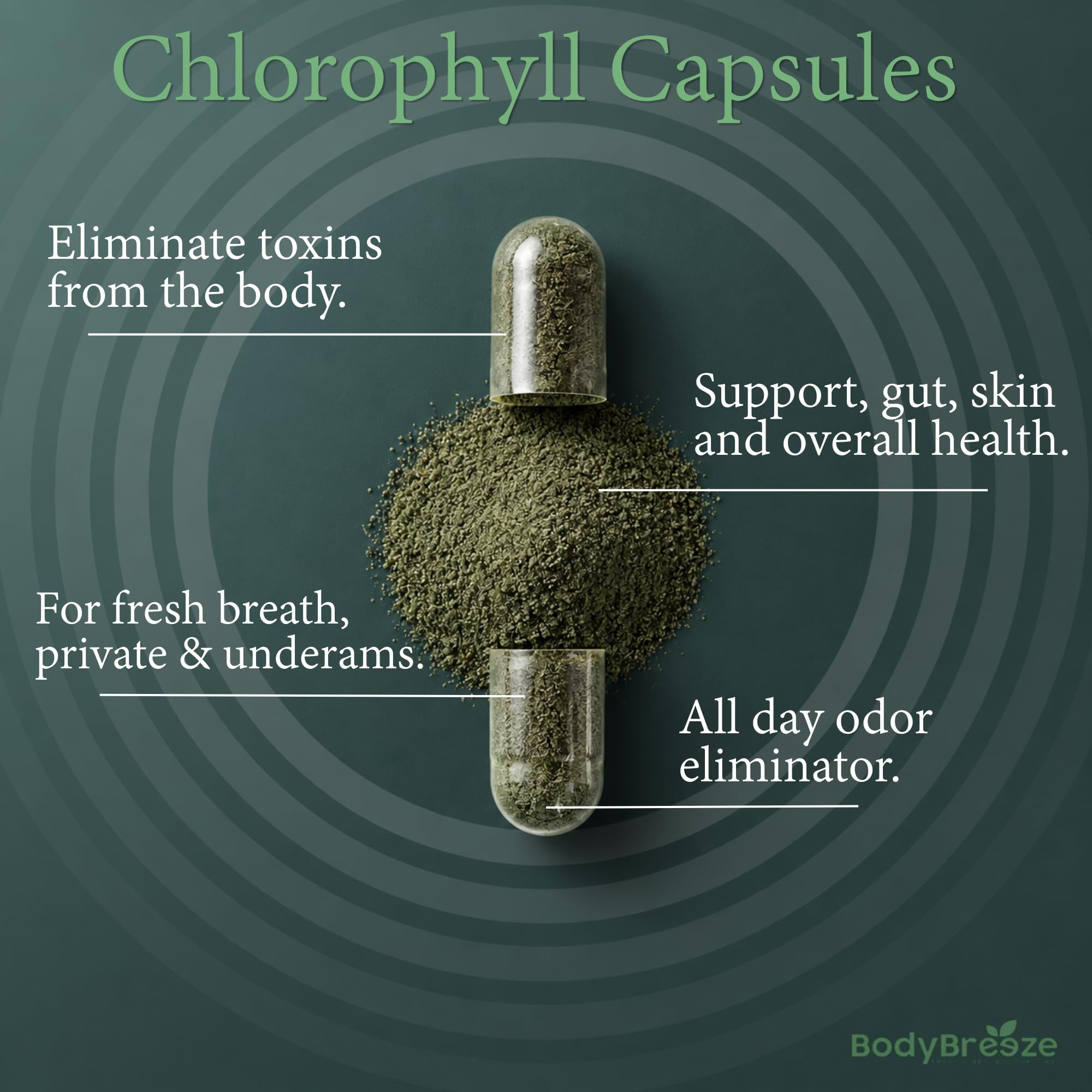 BodyBreeze Chlorophyll Capsules close-up showing organic parsley leaf