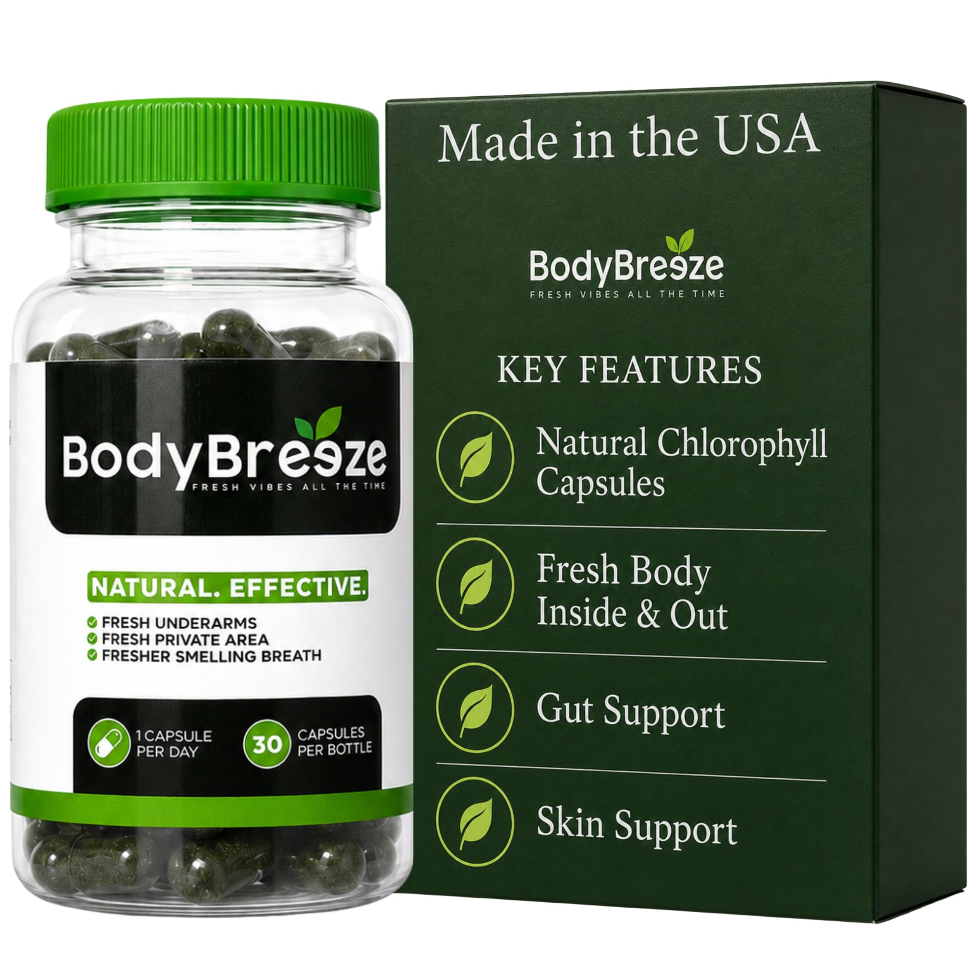BodyBreeze Chlorophyll Capsules front view with packaging